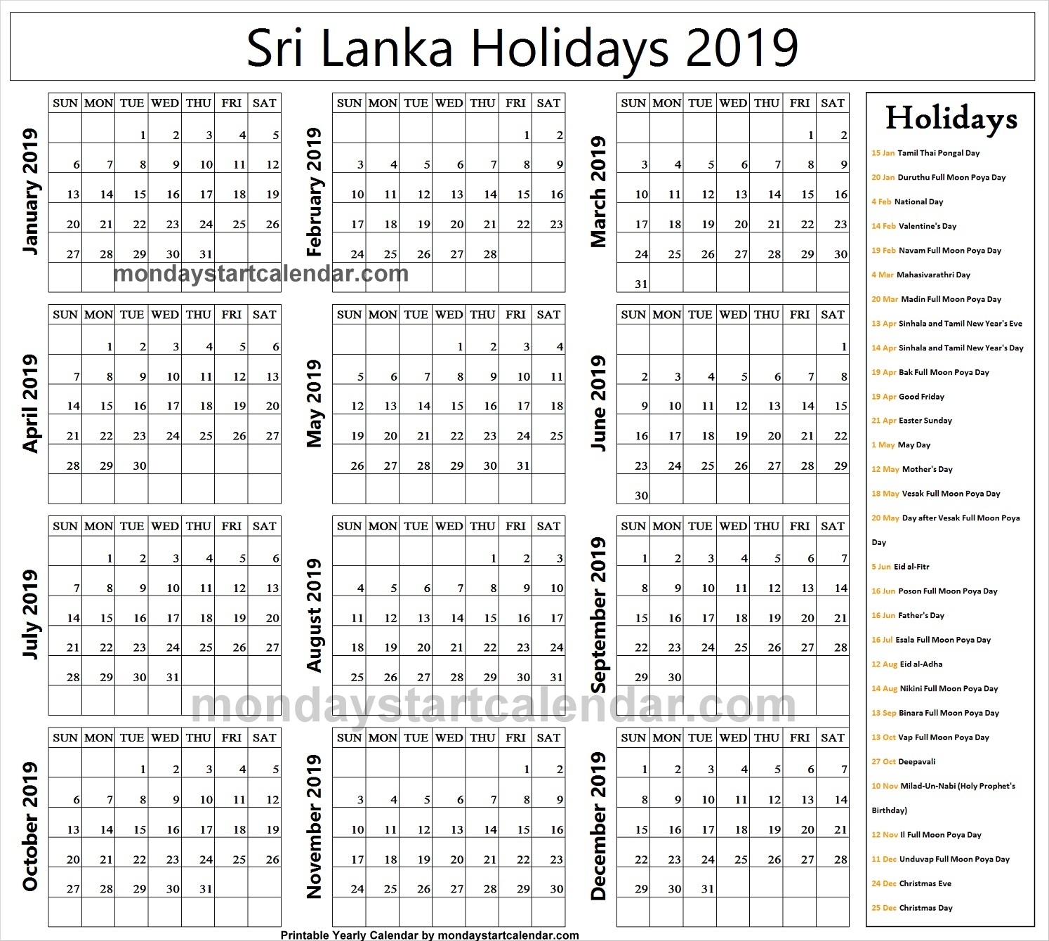 2019 National Holidays Sri Lanka Calendar | 2019 Sri Lanka Calendar in List Ofhoidays In Sri Lanka