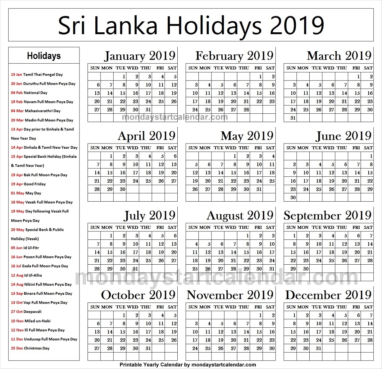 2024 Holiday Calendar In Sri Lanka Calendar Calendar 2024 With Holidays