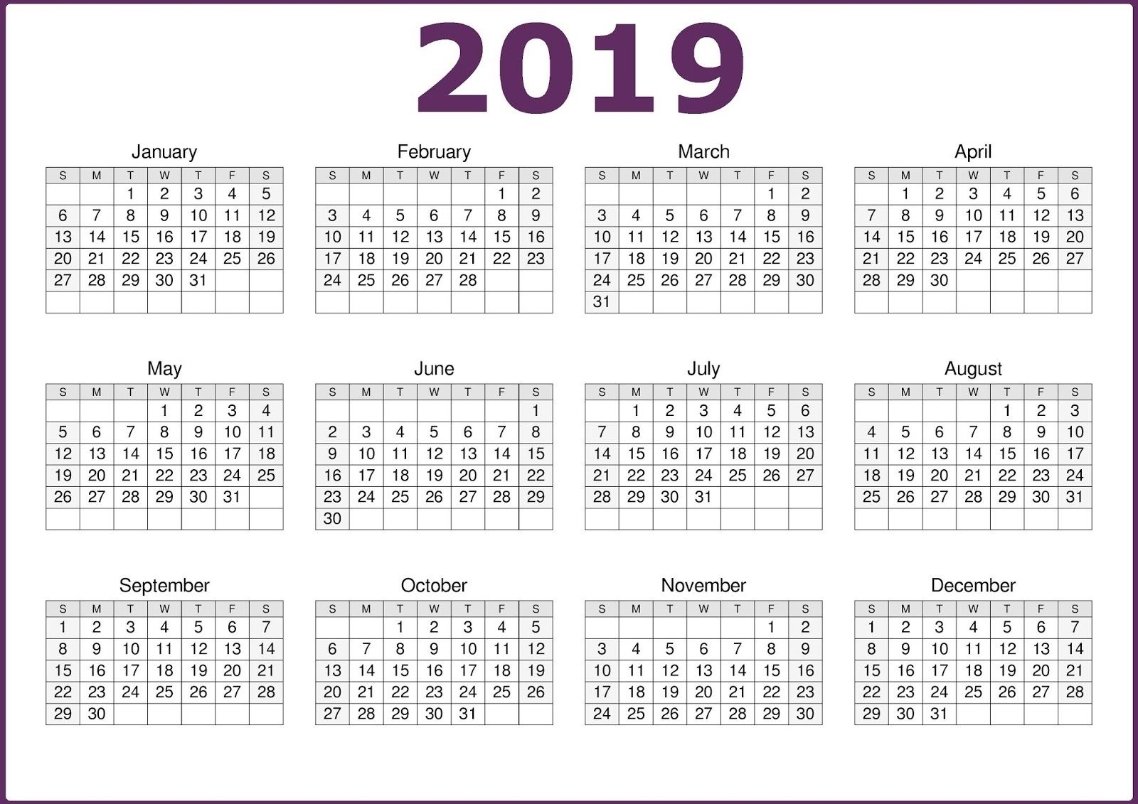 2019 One Page 12 Months Calendar | 2019 Calendars regarding 12 Month Calendar On One Page