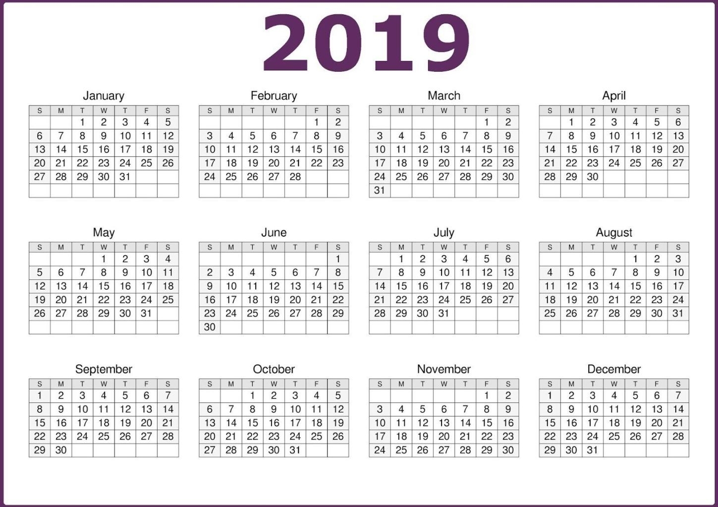 2019 One Page Calendar Printable | 2019 Calendars | Calendar 2019 for Month On One Page Printable