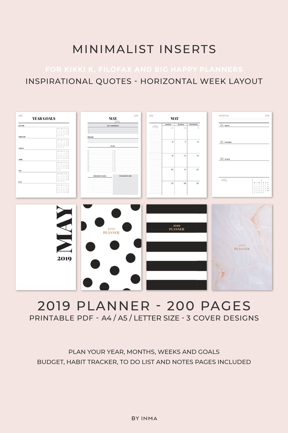 2019 Planner Printable, Horizontal Layout Weekly Planner, Monthly with Marble Themed Blank Class Schedule Template