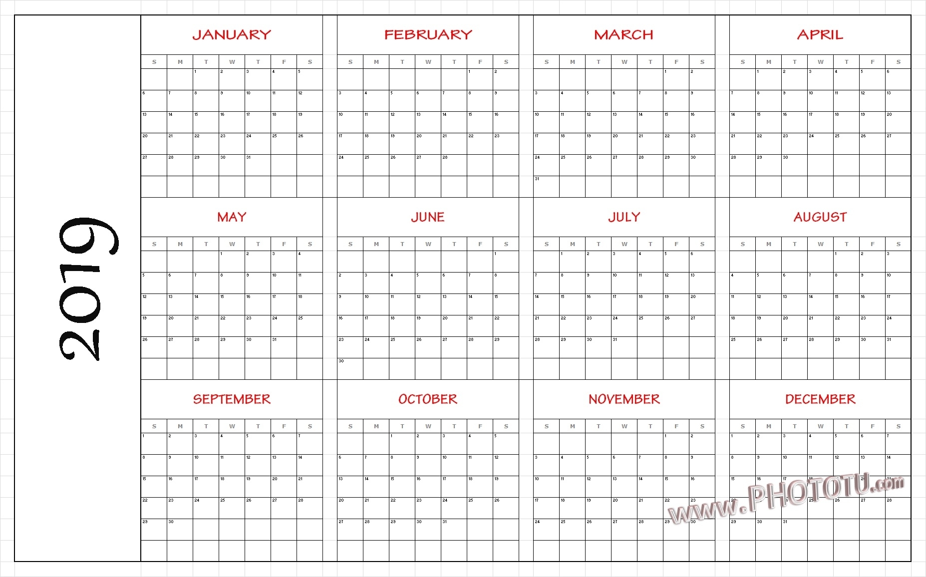 2019 Printable 12 Month One Page Calendar Template Pdf Word Notes inside Blank 12 Month Calendar Page