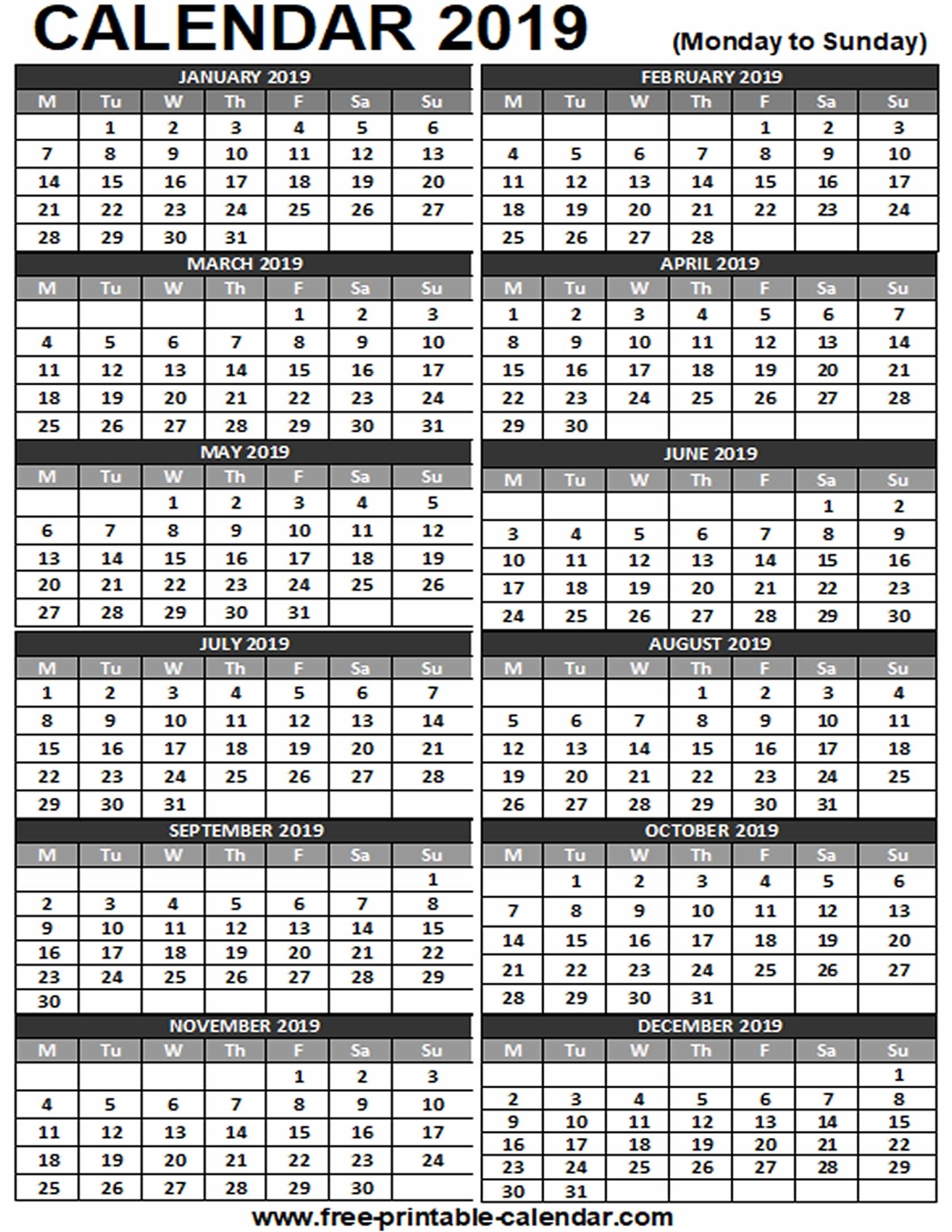 2019 Printable Calendar - Free-Printable-Calendar with 12 Month Calendar On One Page