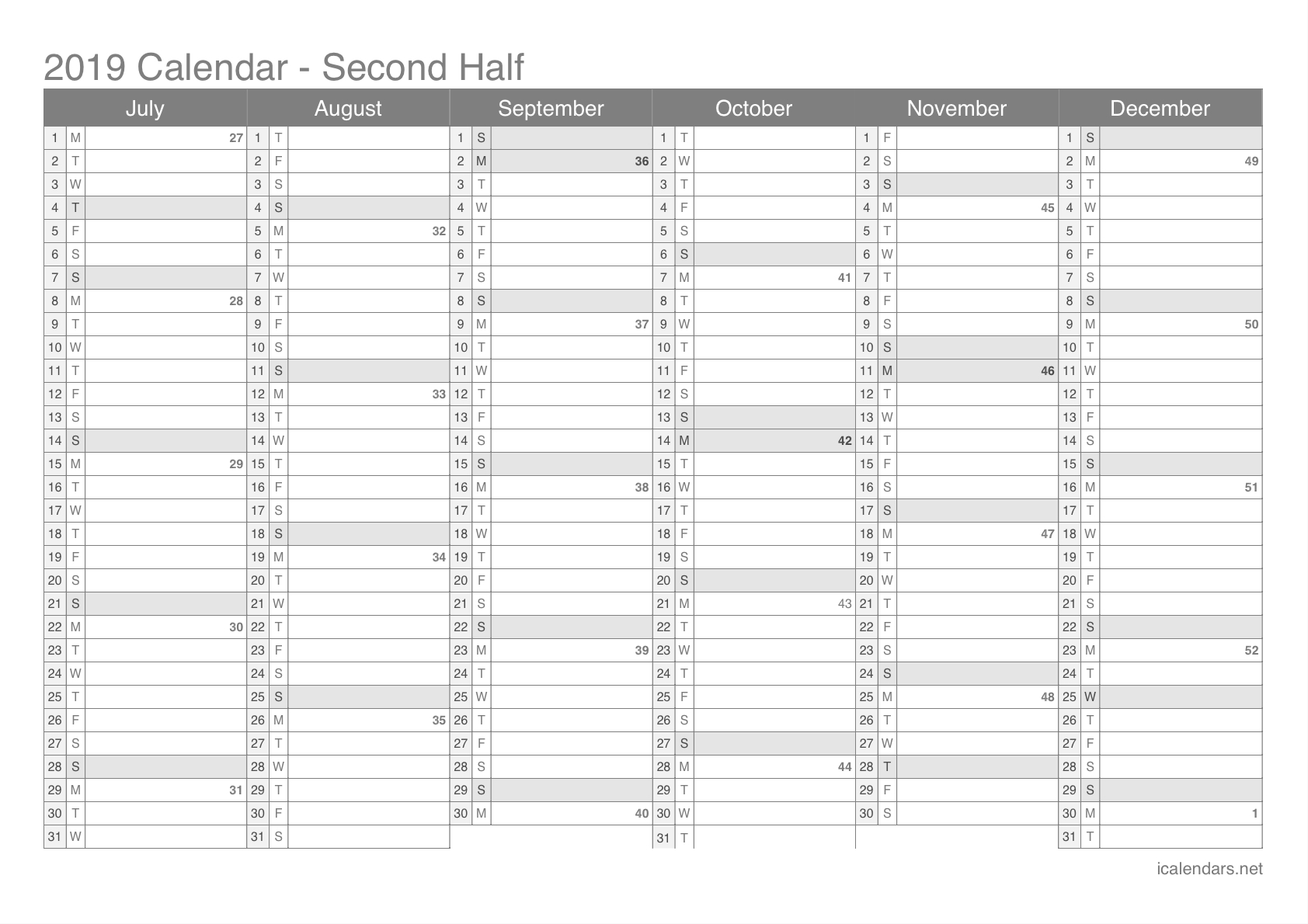 2019 Printable Calendar - Pdf Or Excel - Icalendars regarding Week Of The Year Number Calendar