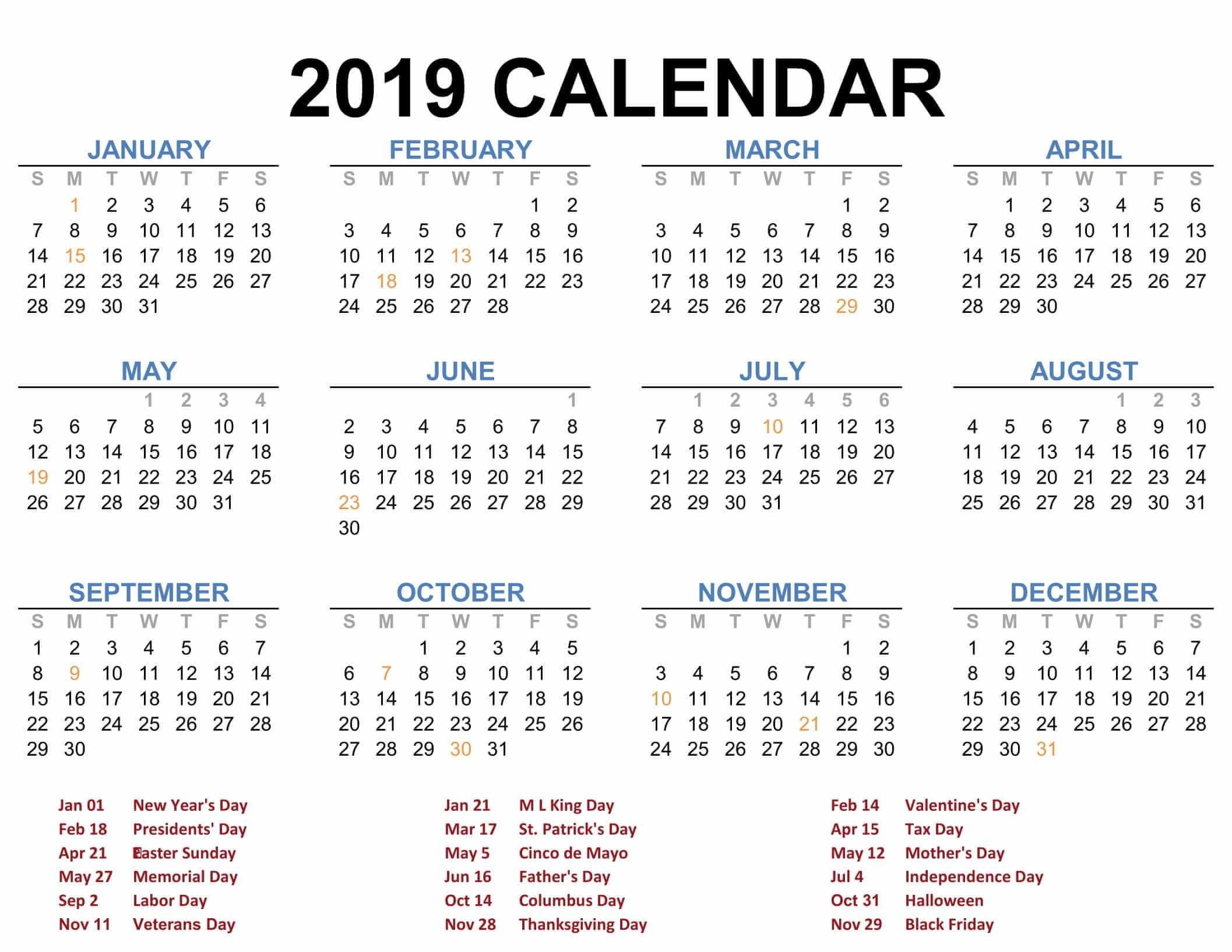 2019 Printable Calendar Templates - Pdf Excel Word - Free Calendars with Blank Calendar Page Year Long