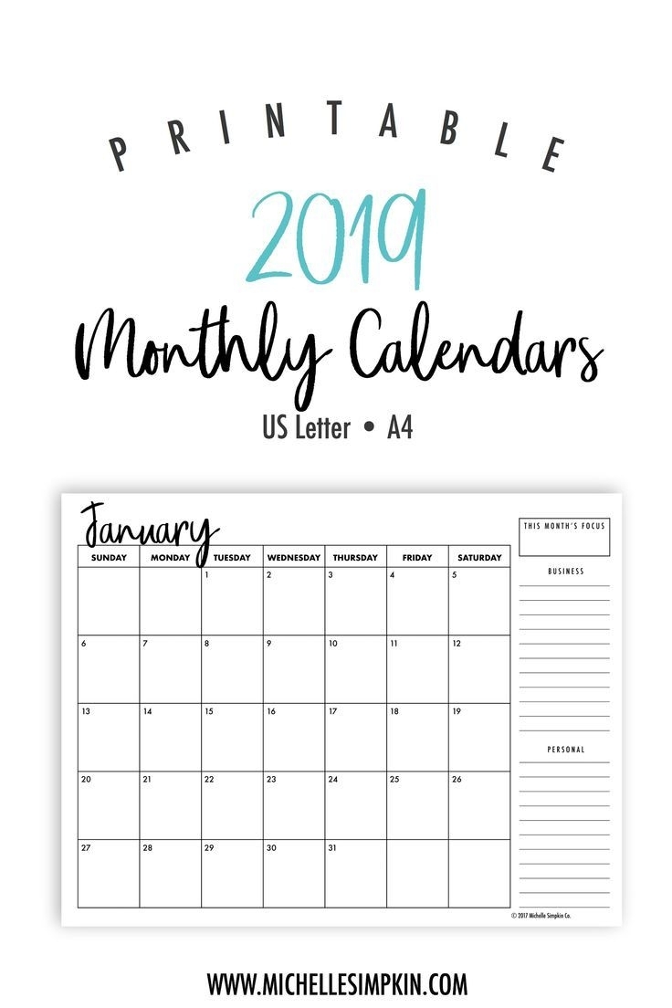 2019 Printable Monthly Calendars • Landscape • Us Letter • A4 inside Monday Through Friday Monthly Calendar