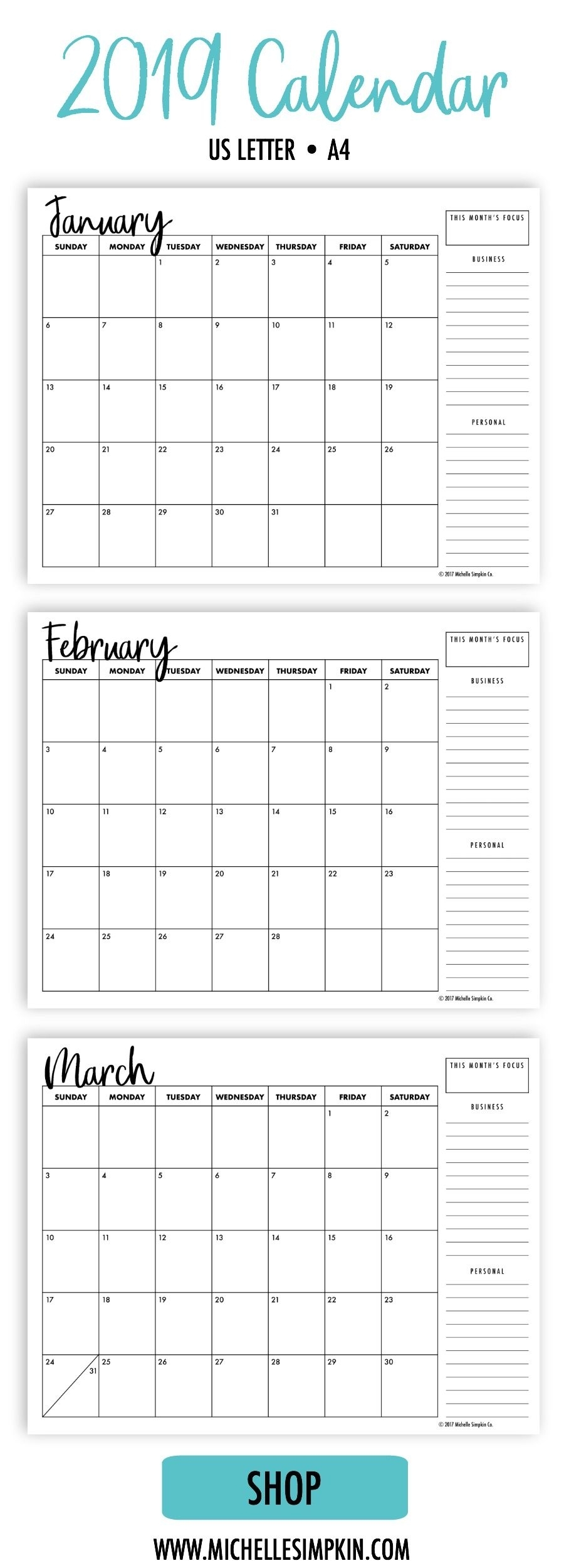 2019 Printable Monthly Calendars • Landscape • Us Letter • A4 pertaining to Calendar Blank Printable Monday Start A4