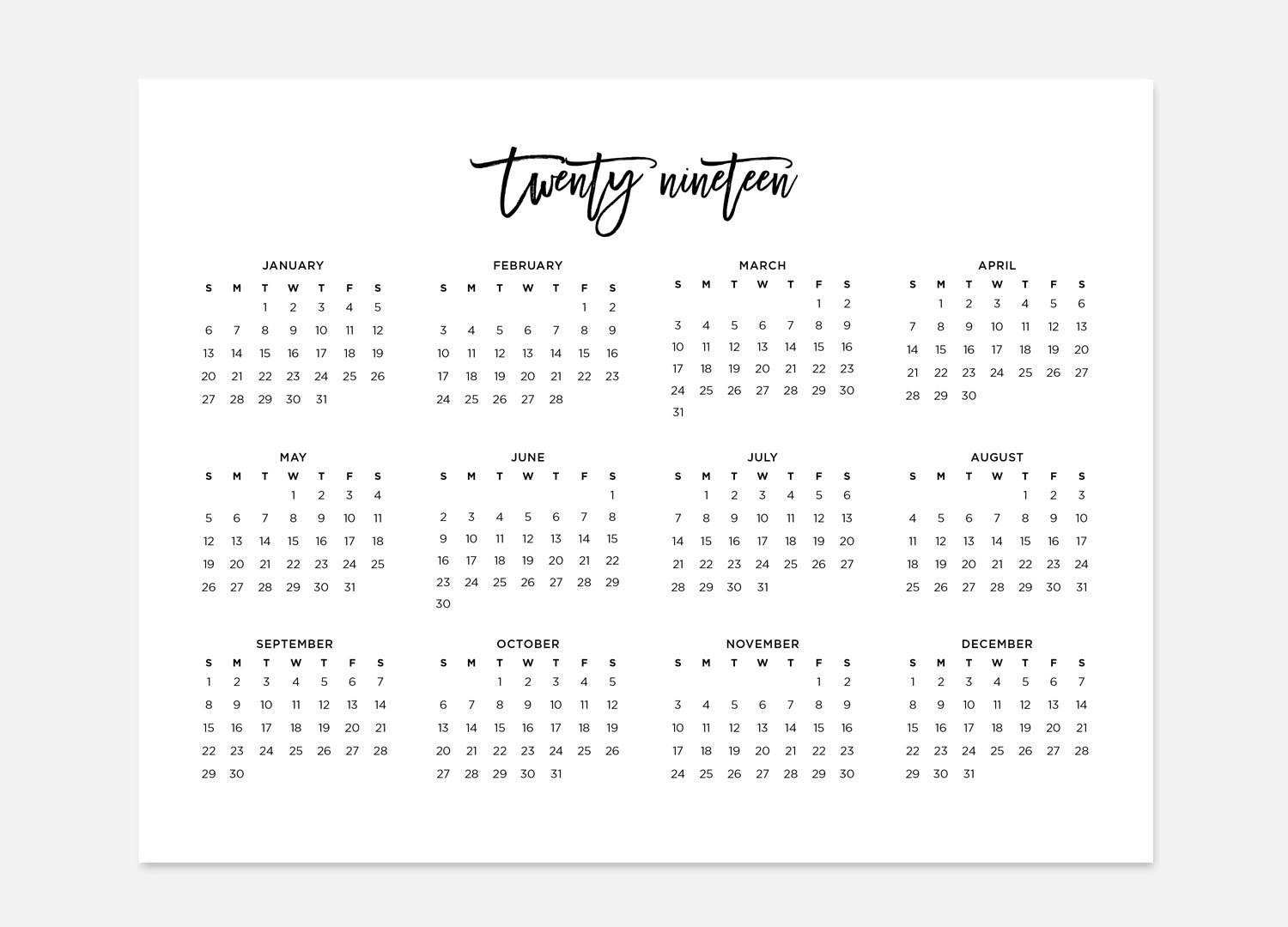 2019 Simple Calendar 2019 Landscape Calendar 2019 Calendar | Etsy throughout Year In A Glance Calendar