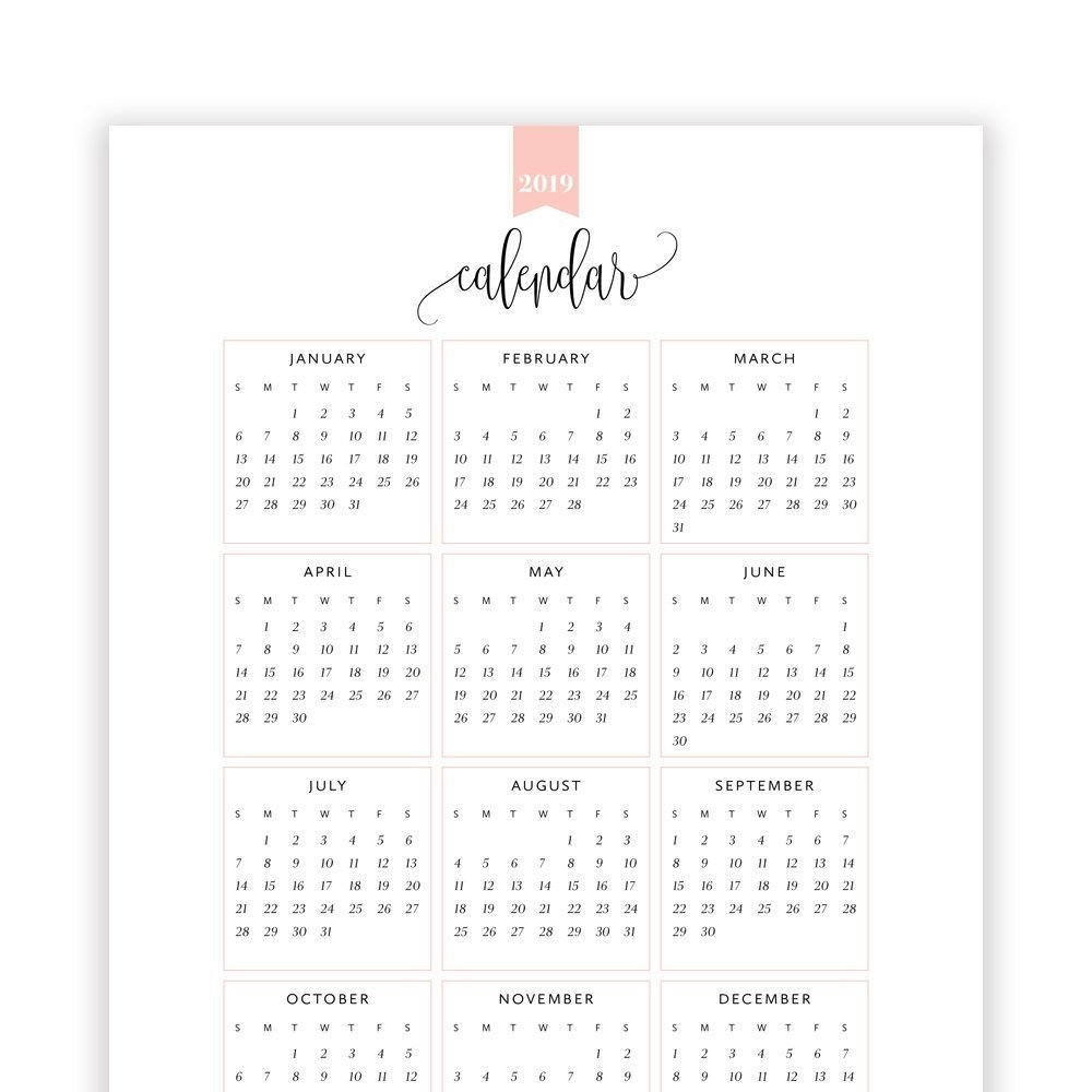 2019 Year At A Glance Calendar Year Printable Planner Yearly | Etsy with Calendars Year At A Glance