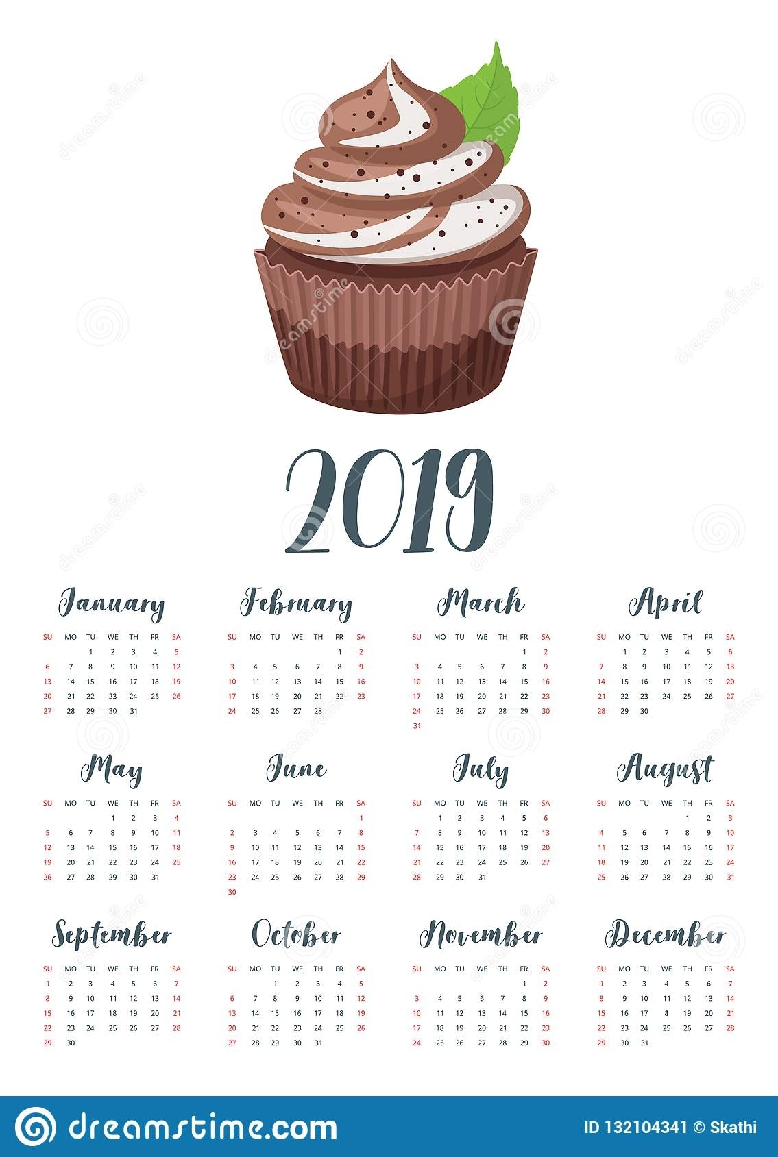 2019 Year Calendar With Cupcake Stock Vector - Illustration Of with regard to Holiday Themed Cupcake Templates For Calendar