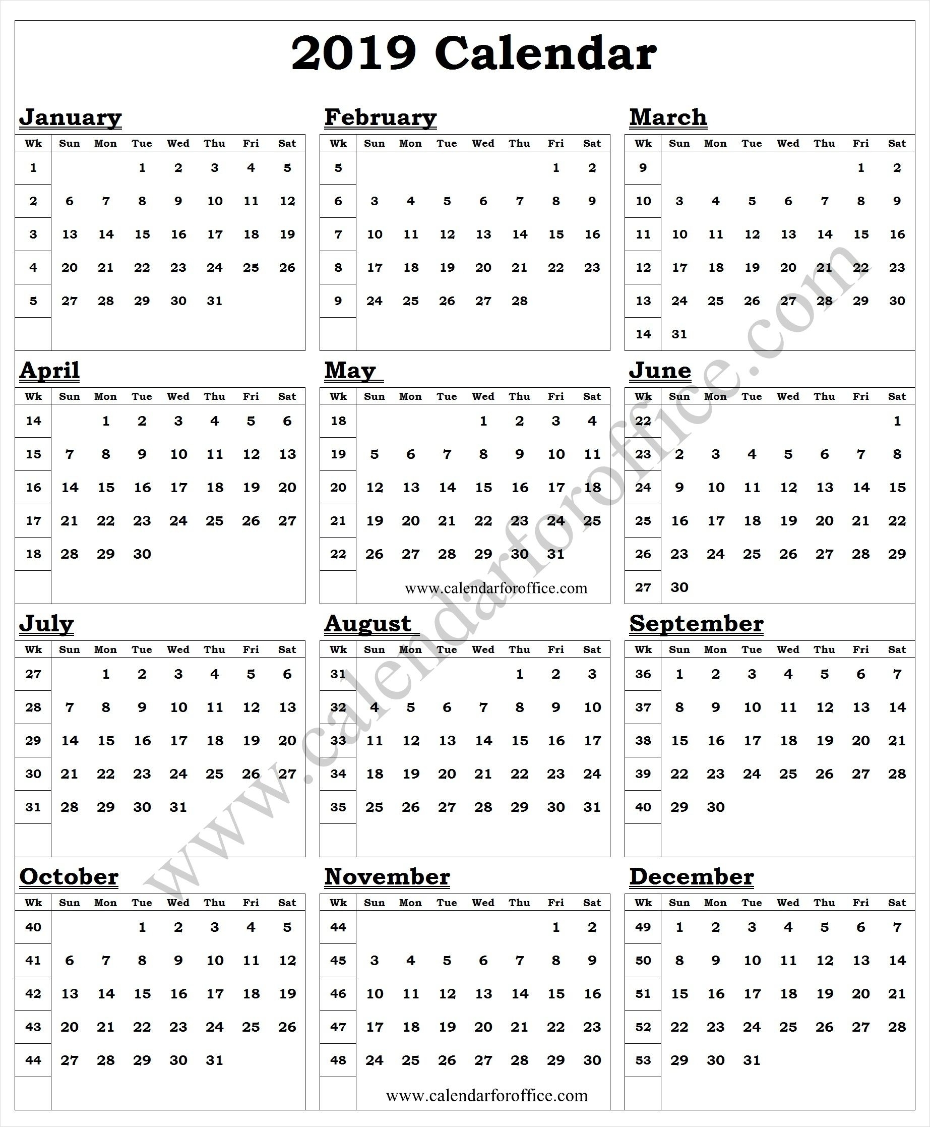 2019 Year Calendar With Week Numbers | 2019 Yearly Calendar throughout Week Of The Year Number Calendar