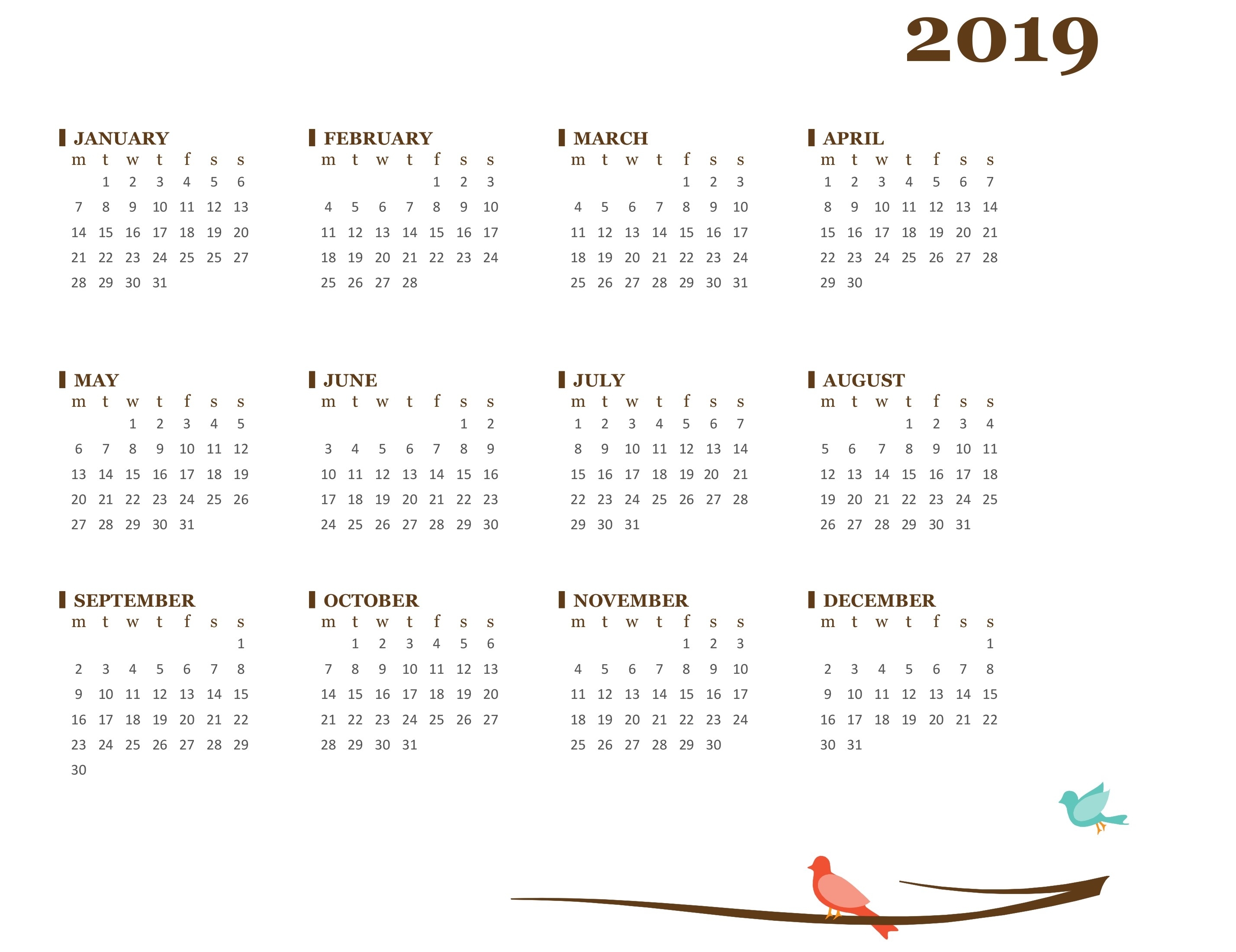 2019 Yearly Calendar (Mon-Sun) regarding Frame Birthday Calendar Templates Free