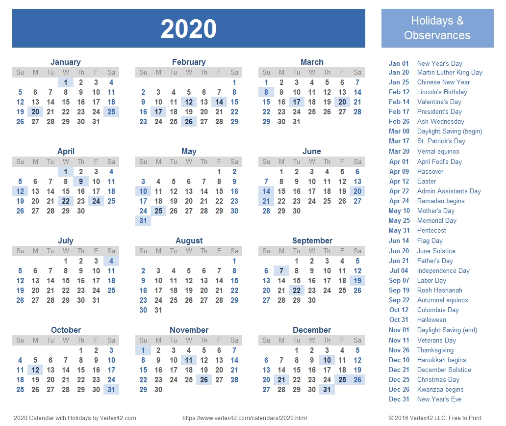 2020 Calendar Templates And Images in Year Calendar One Page To Print