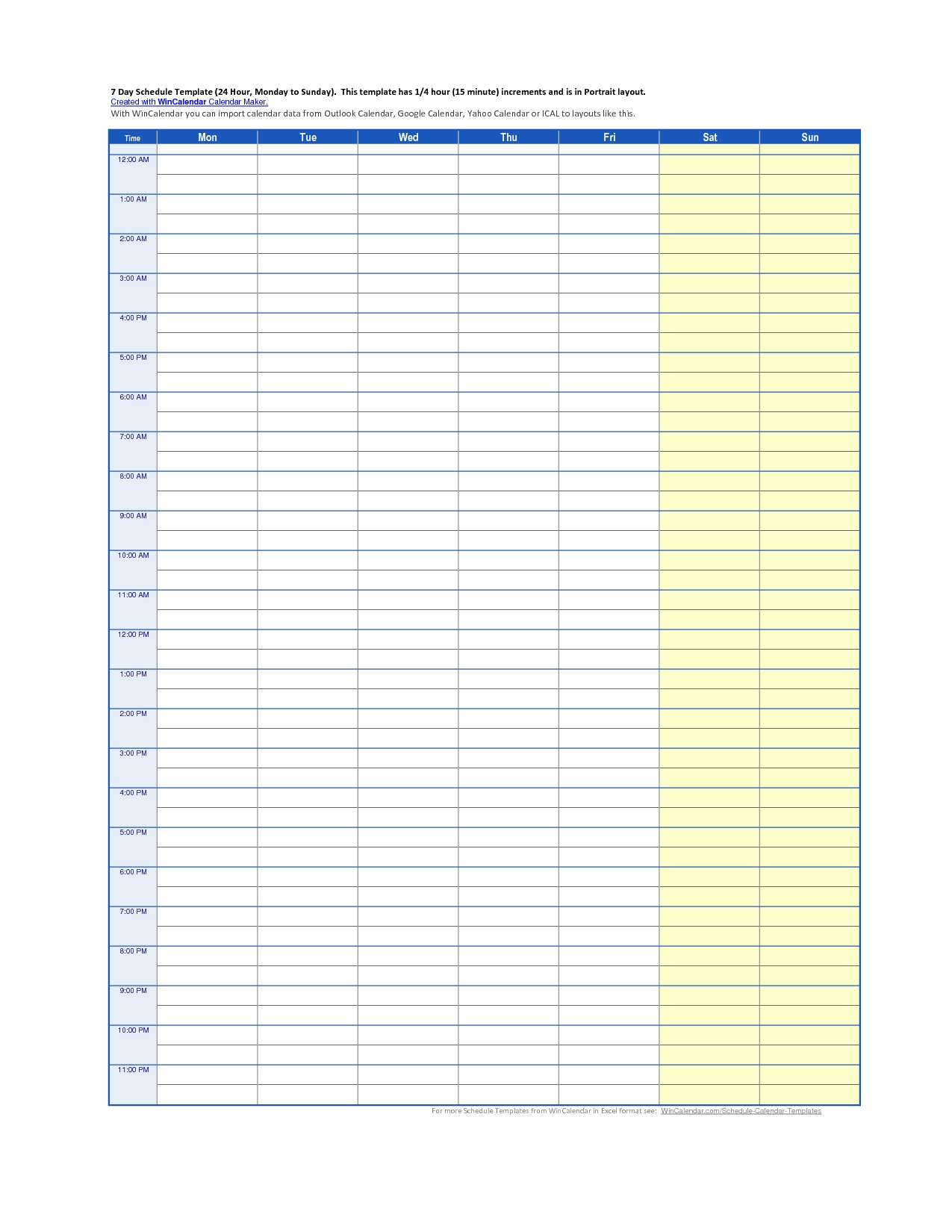 24 Hour Daily Schedule Template