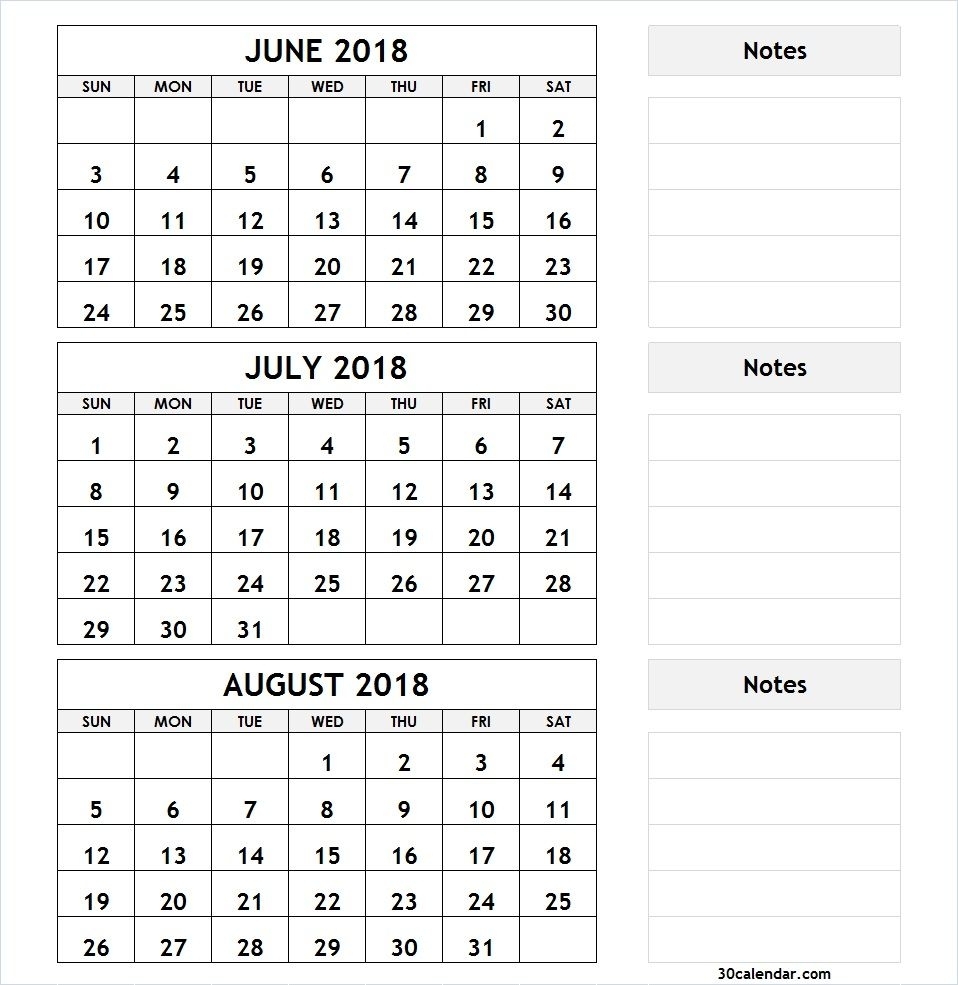 3 Month Calendar June July August 2018 | 2018 Calendar | 2018 with Calender For Last 3 Months