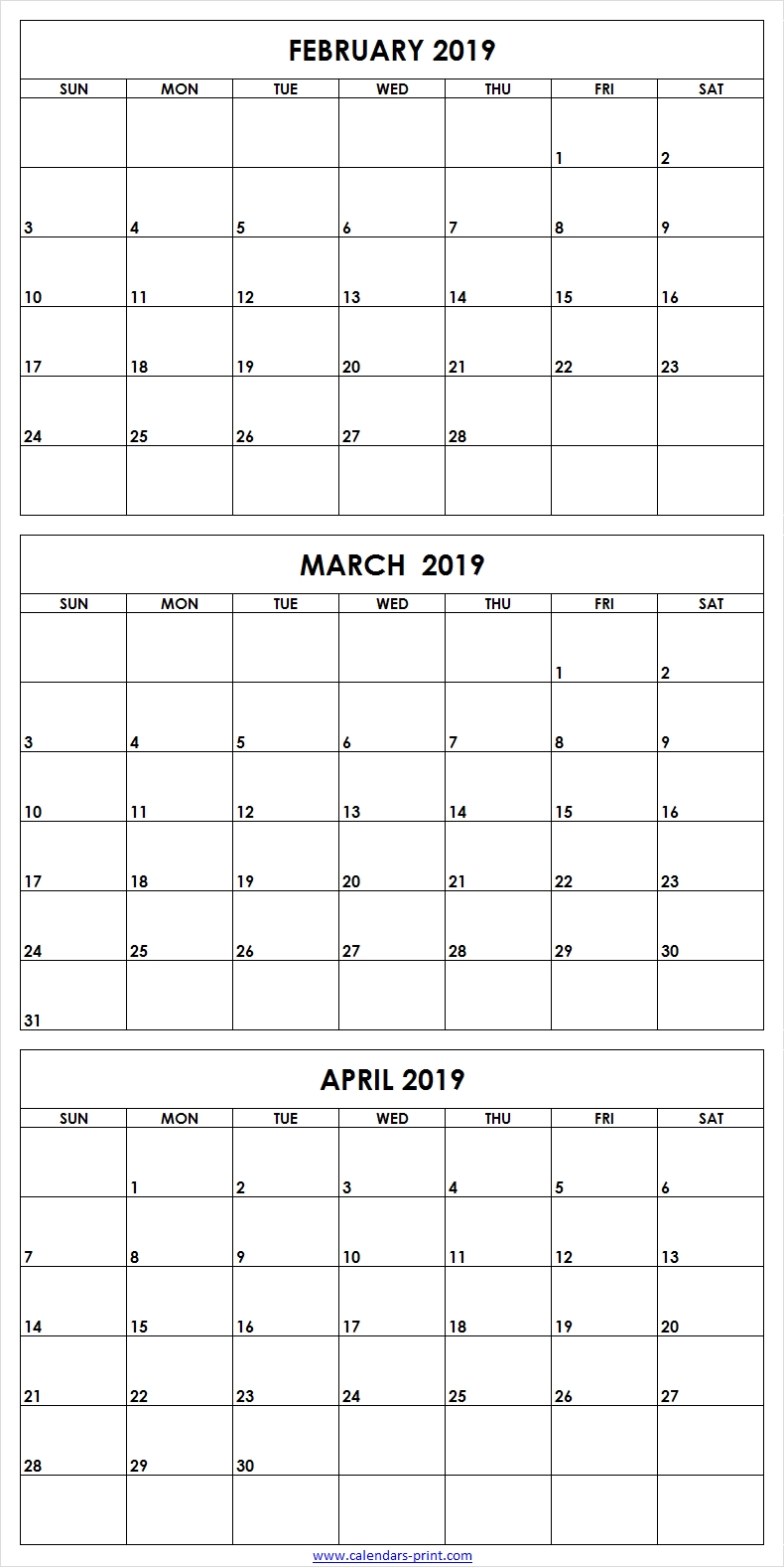 3 Month February To April 2019 Calendar Template | February 2019 for Calender For Last 3 Months