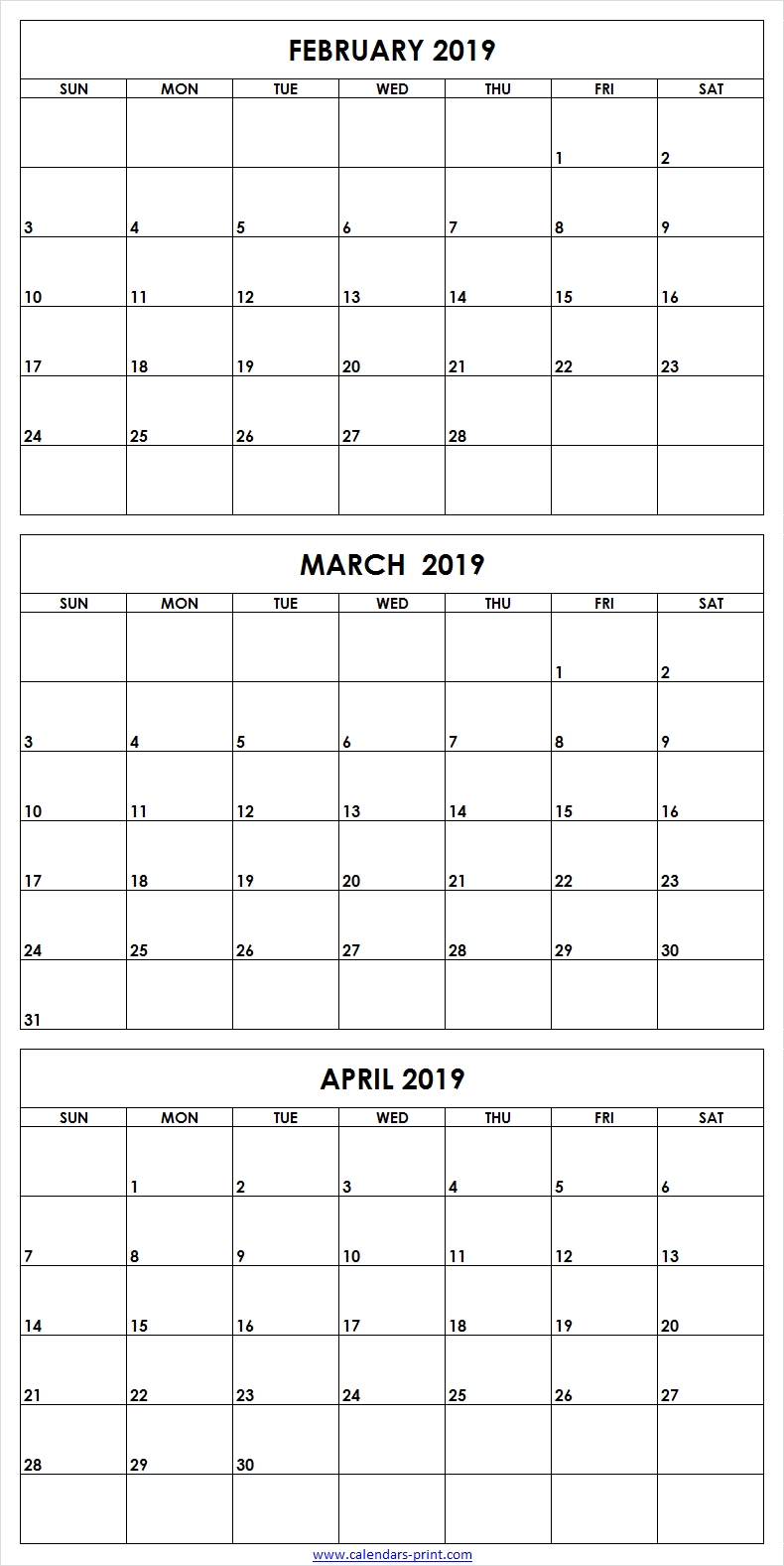 3 Month February To April 2019 Calendar Template | February 2019 with Free Printable Three Month Calendar