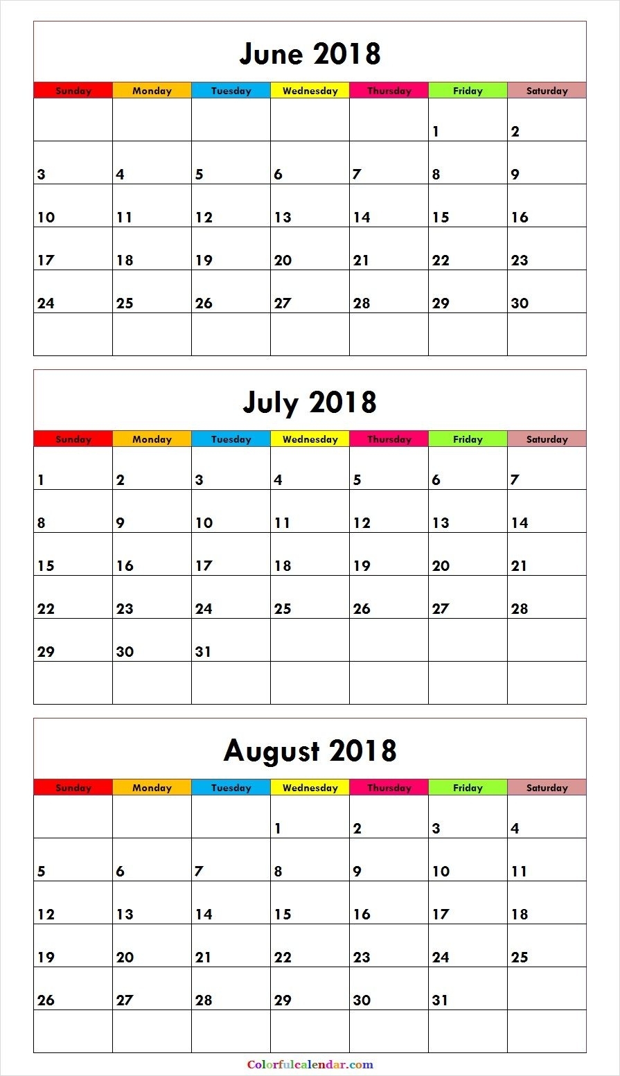 3 Month June July August 2018 Calendar Green | 31 Calendar | June intended for 3 Month Printable Calendar June July August
