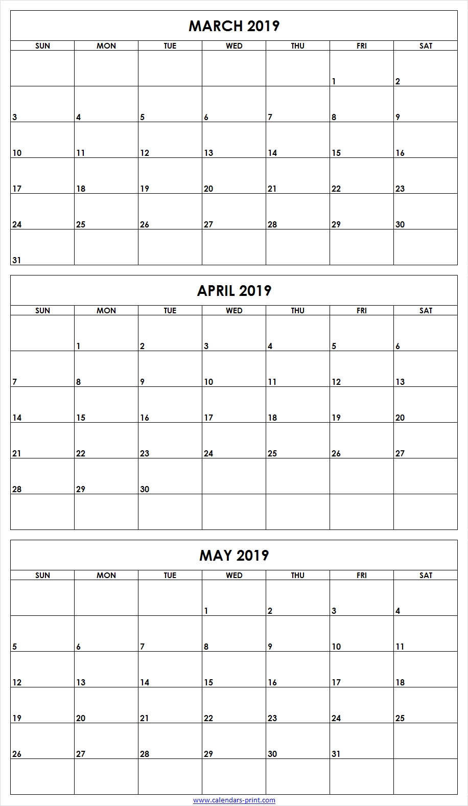 3 Monthly March April May 2019 Calendar | Editable Template for Free Printable Three Month Calendar