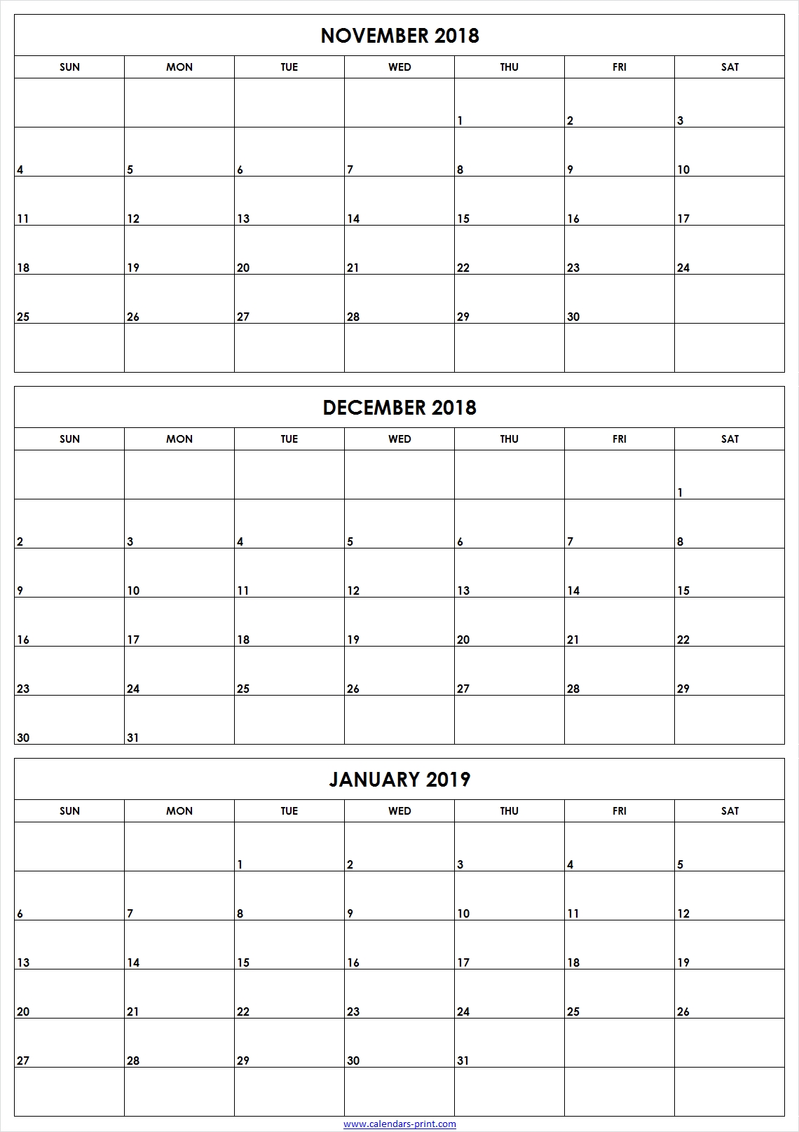 3 Monthly November December 2018 January 2019 Calendar | Editable in 3 Month Printable Calendar Template