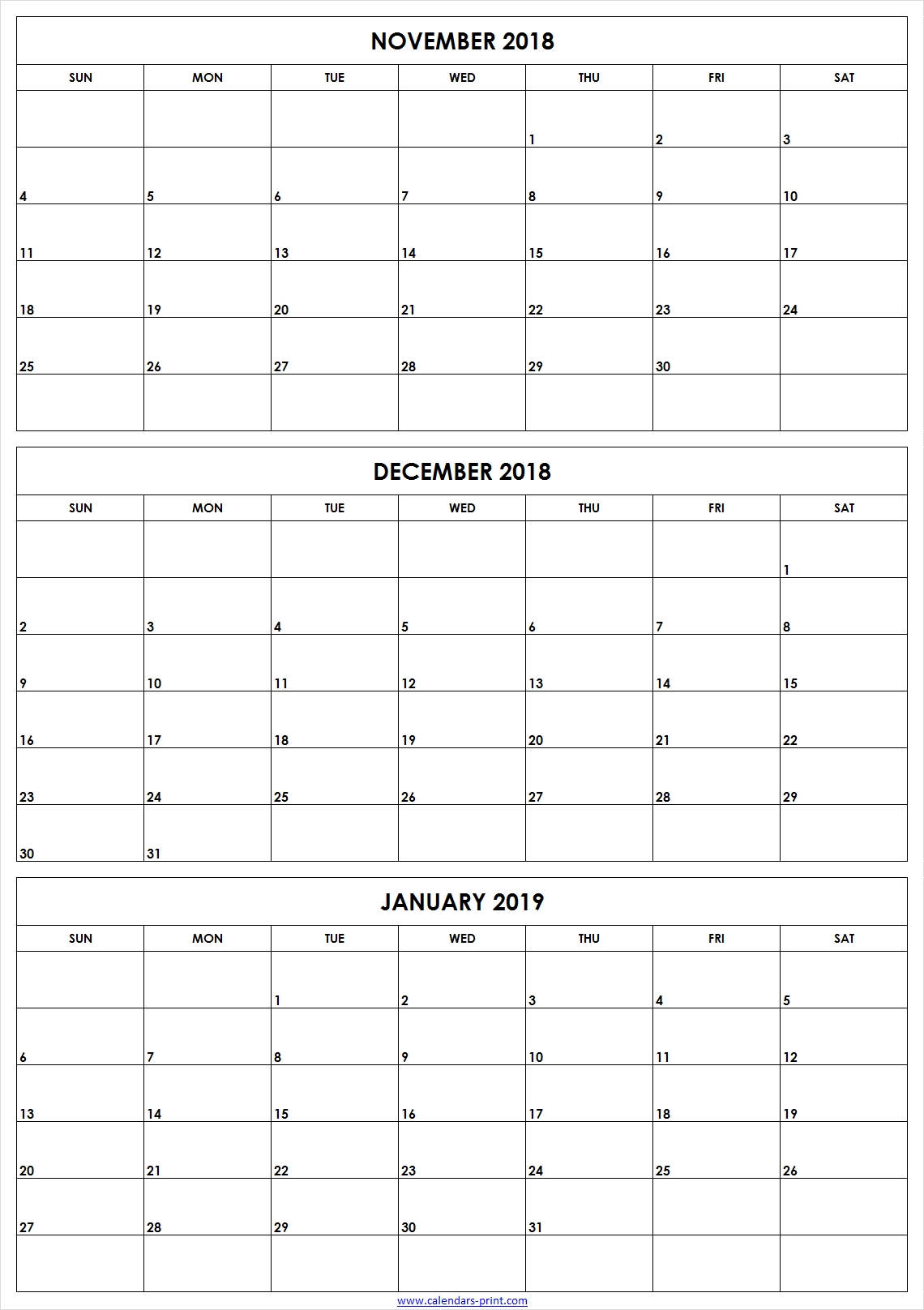 3 Monthly November December 2018 January 2019 Calendar | Editable inside 3 Month Calendar To Ptint