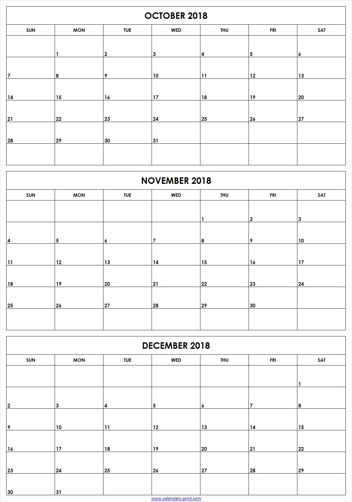 3 Monthly October November December 2018 Calendar | Editable Template for 3 Month Calendar To Ptint