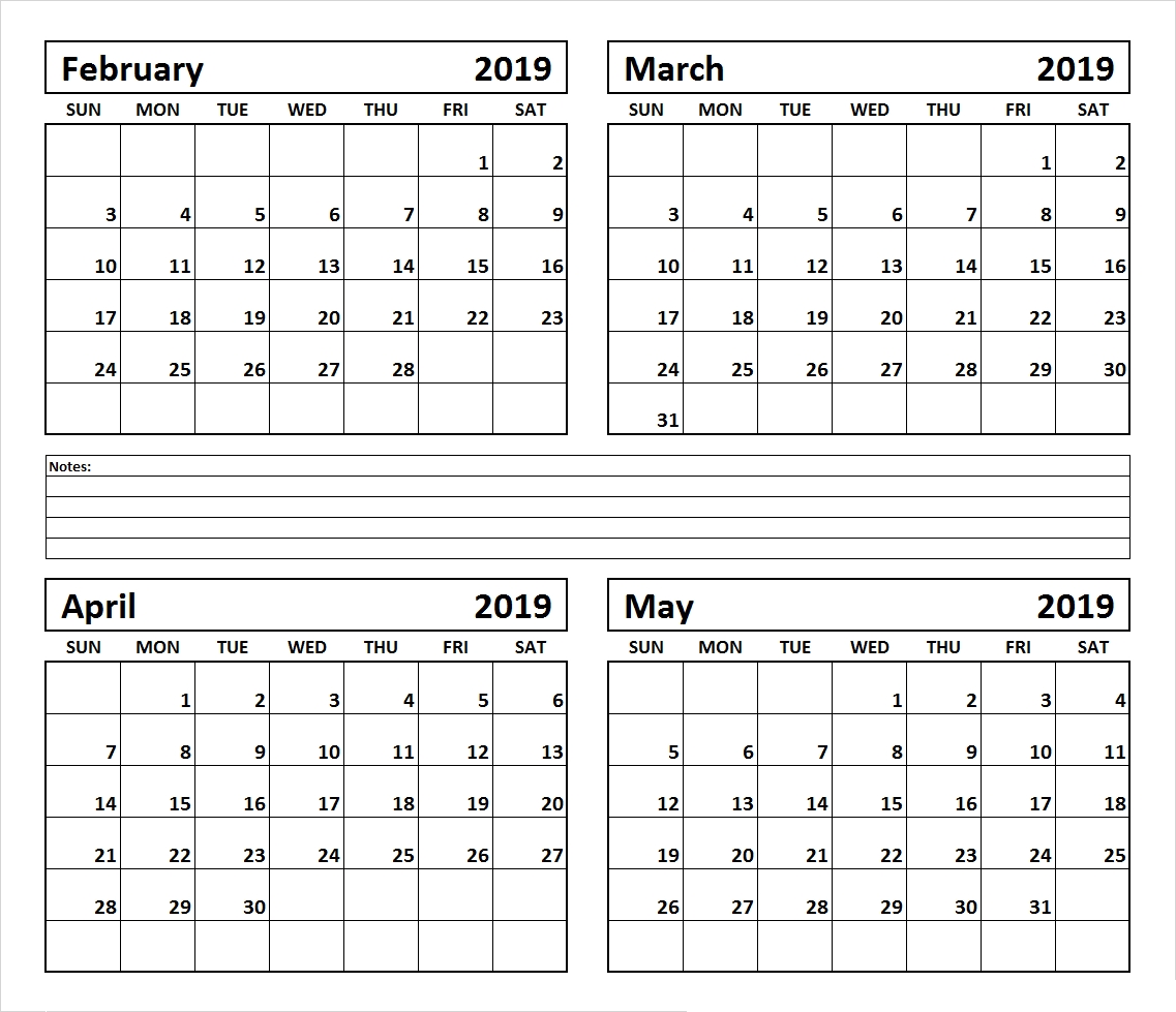 4 Month February March April May 2019 Calendar #march #april #may throughout 4 Month Blank Calendar Template