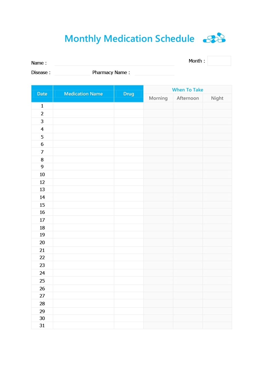 40 Great Medication Schedule Templates (+Medication Calendars) for Printable 30 Day Medication Sheet