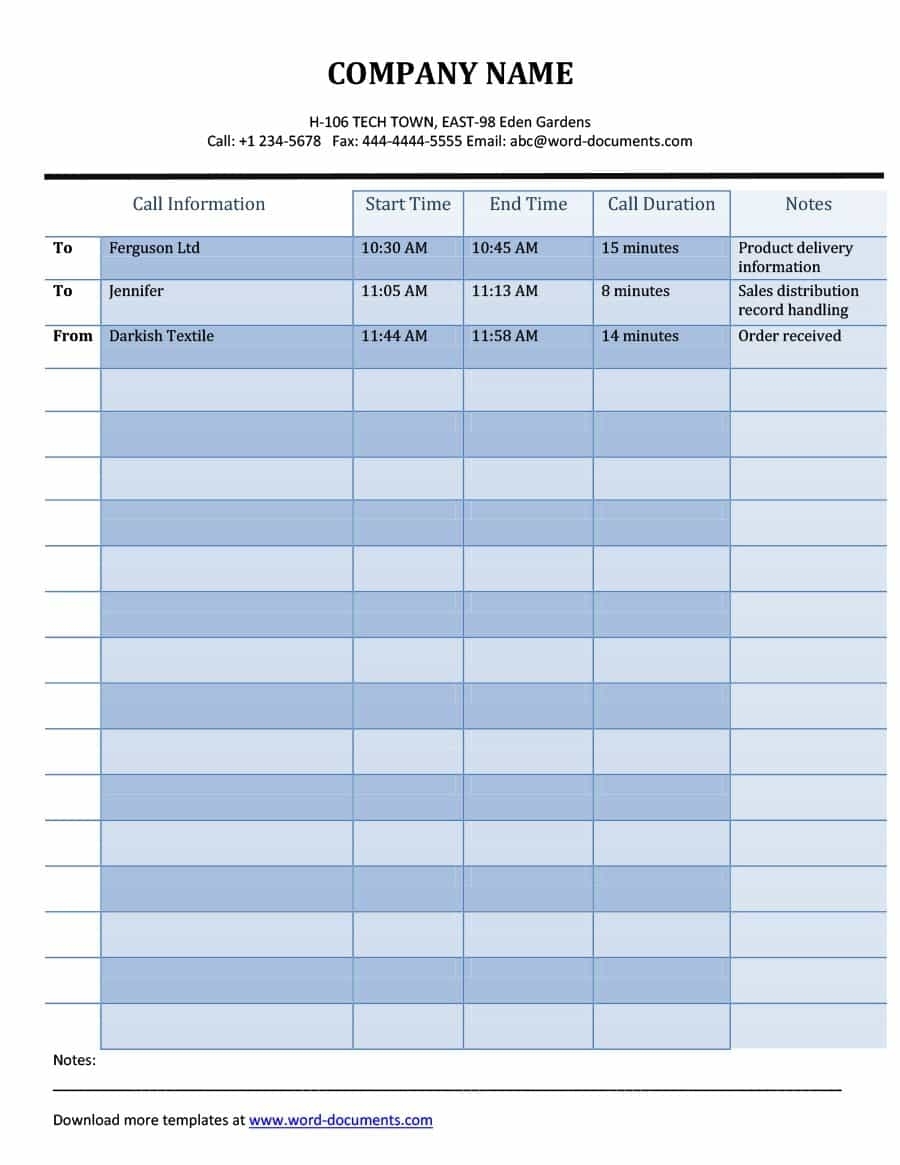 40+ Printable Call Log Templates In Microsoft Word And Excel inside Blank My Account Information Logs