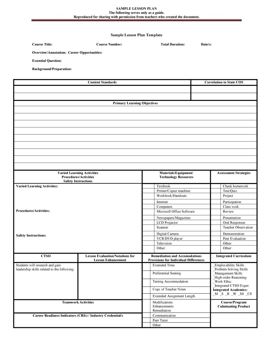 44 Free Lesson Plan Templates [Common Core, Preschool, Weekly] in Basic Lesson Plan Template Printable