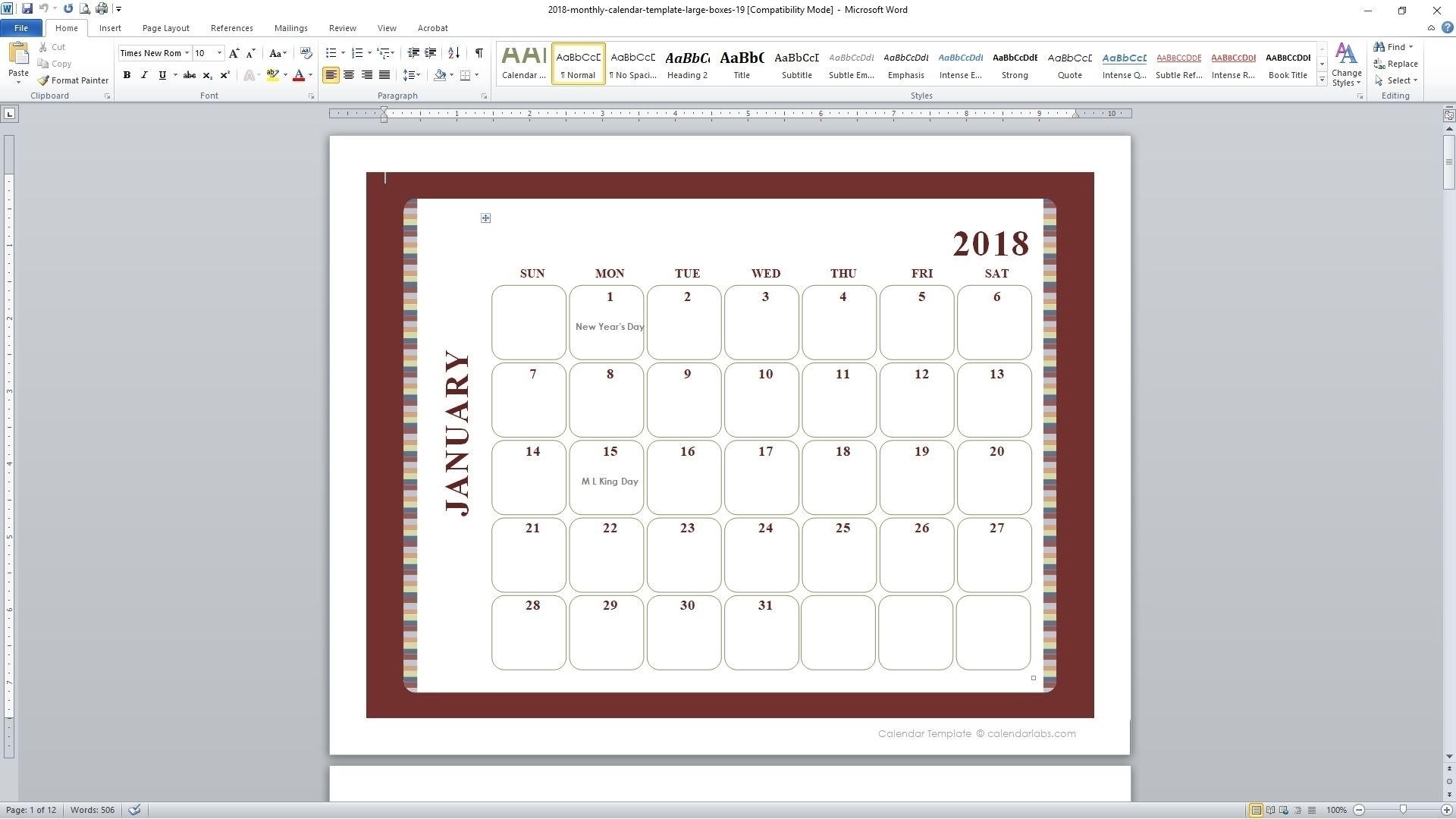 5 Day Calendar Template Word