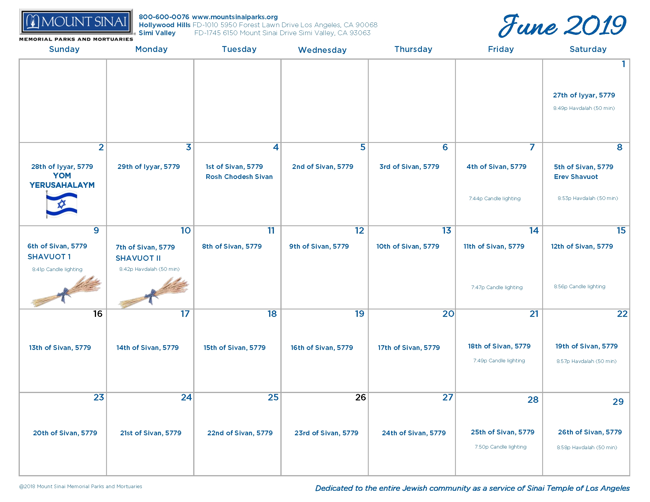 5779 Hebrew Calendar - Mount Sinai Memorial Parks And Mortuaries throughout A Hebrew Calendar To Print