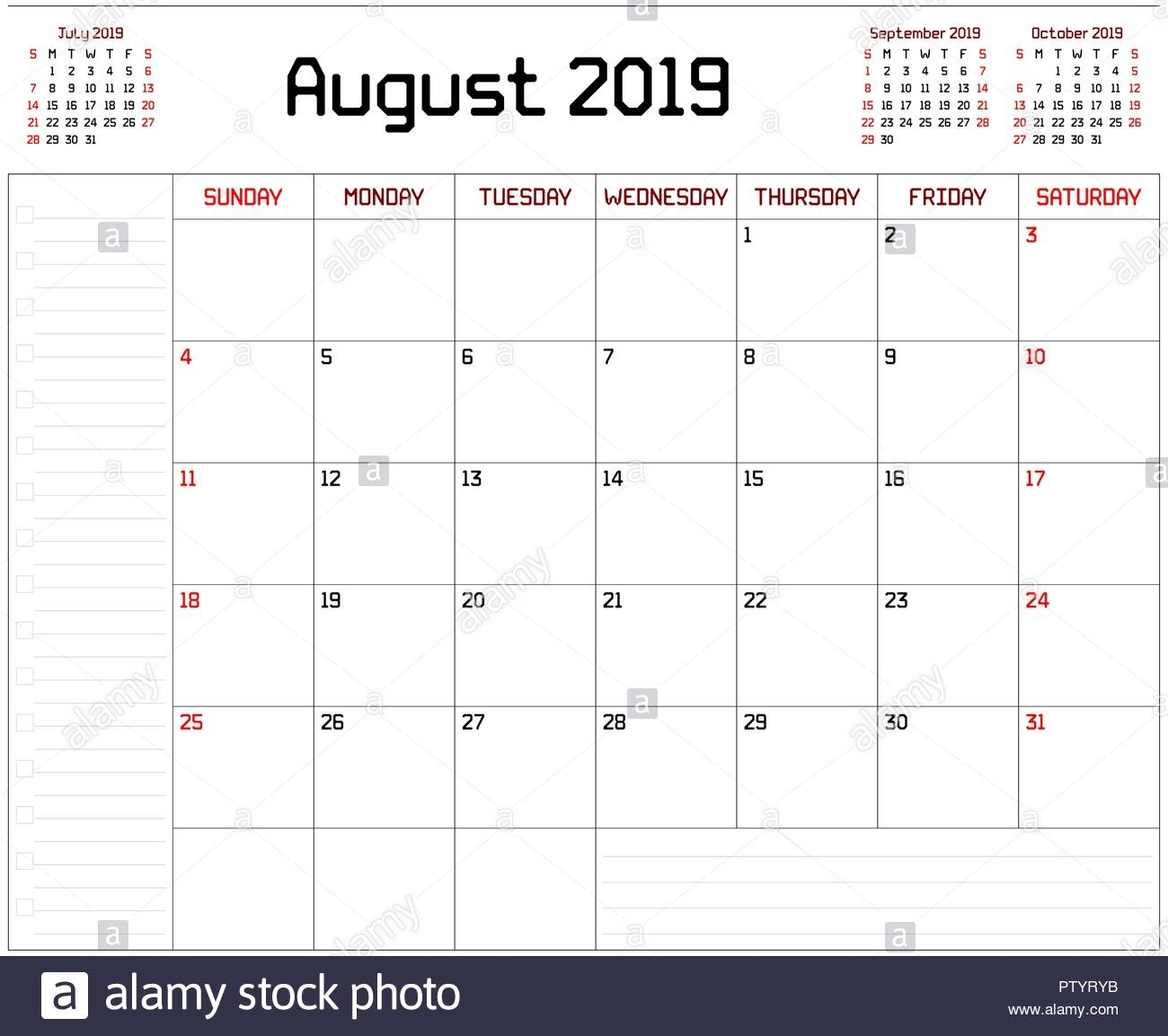 A Monthly Planner Calendar For August 2019 On White Background. A throughout Month Of August Calendar With Lines