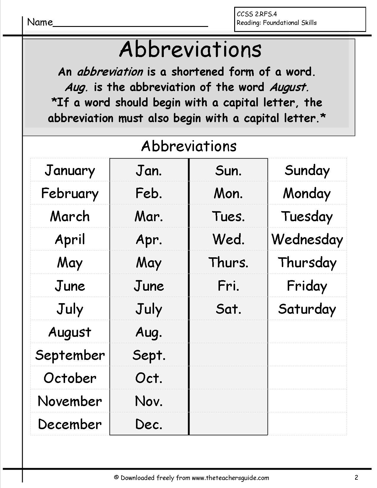 Abbreviations Worksheets From The Teacher&#039;s Guide in July-December Writing Months Of The Year Worksheet