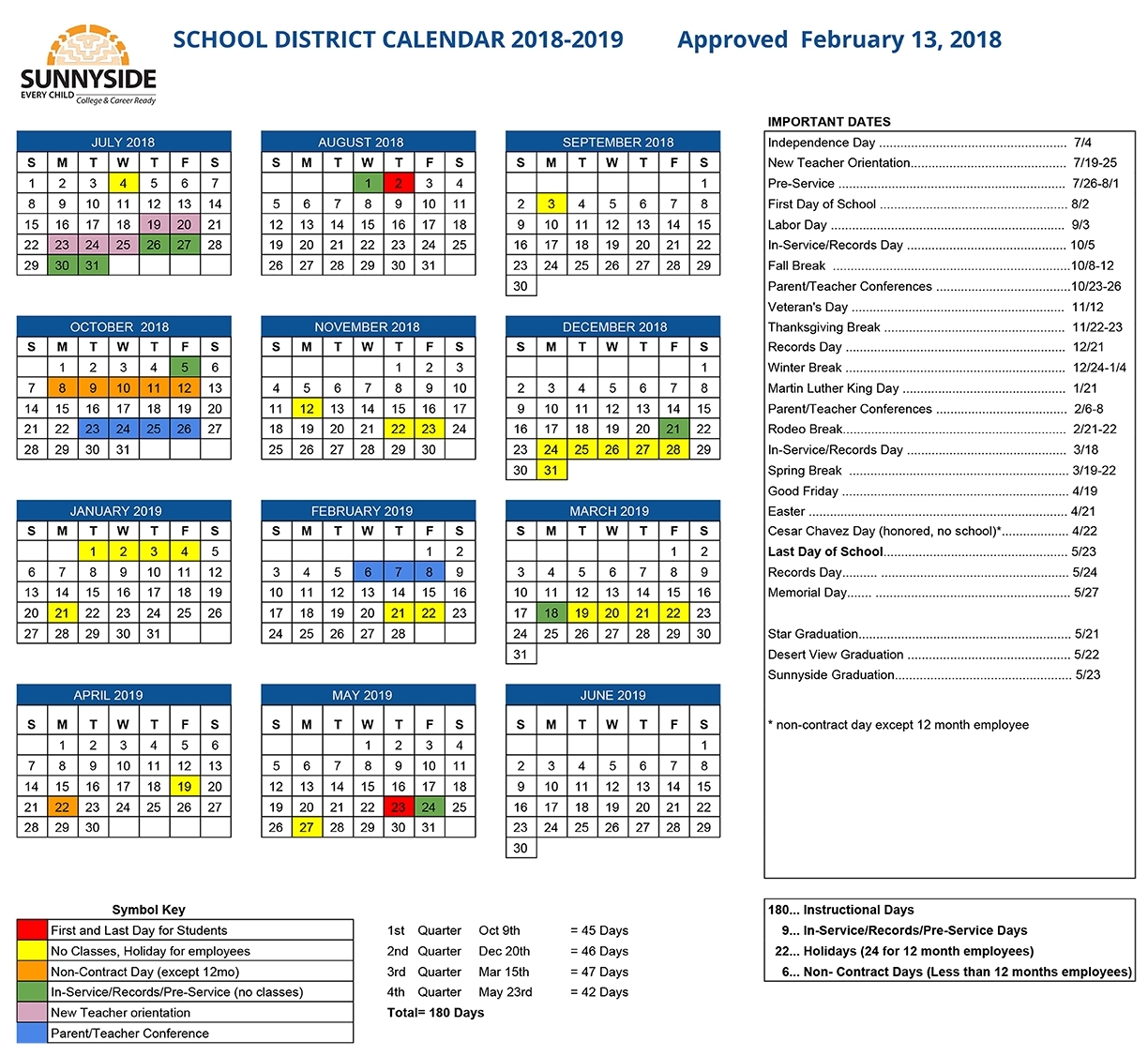 Academic Calendar | Sunnyside Unified School District within Free Printable 12 School Calendar