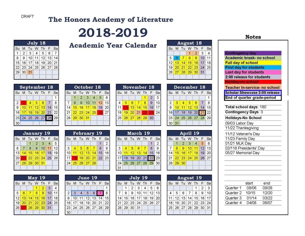 Academic Calendar - The Honors Academy Of Literature in 5 School Day Calendar Blank