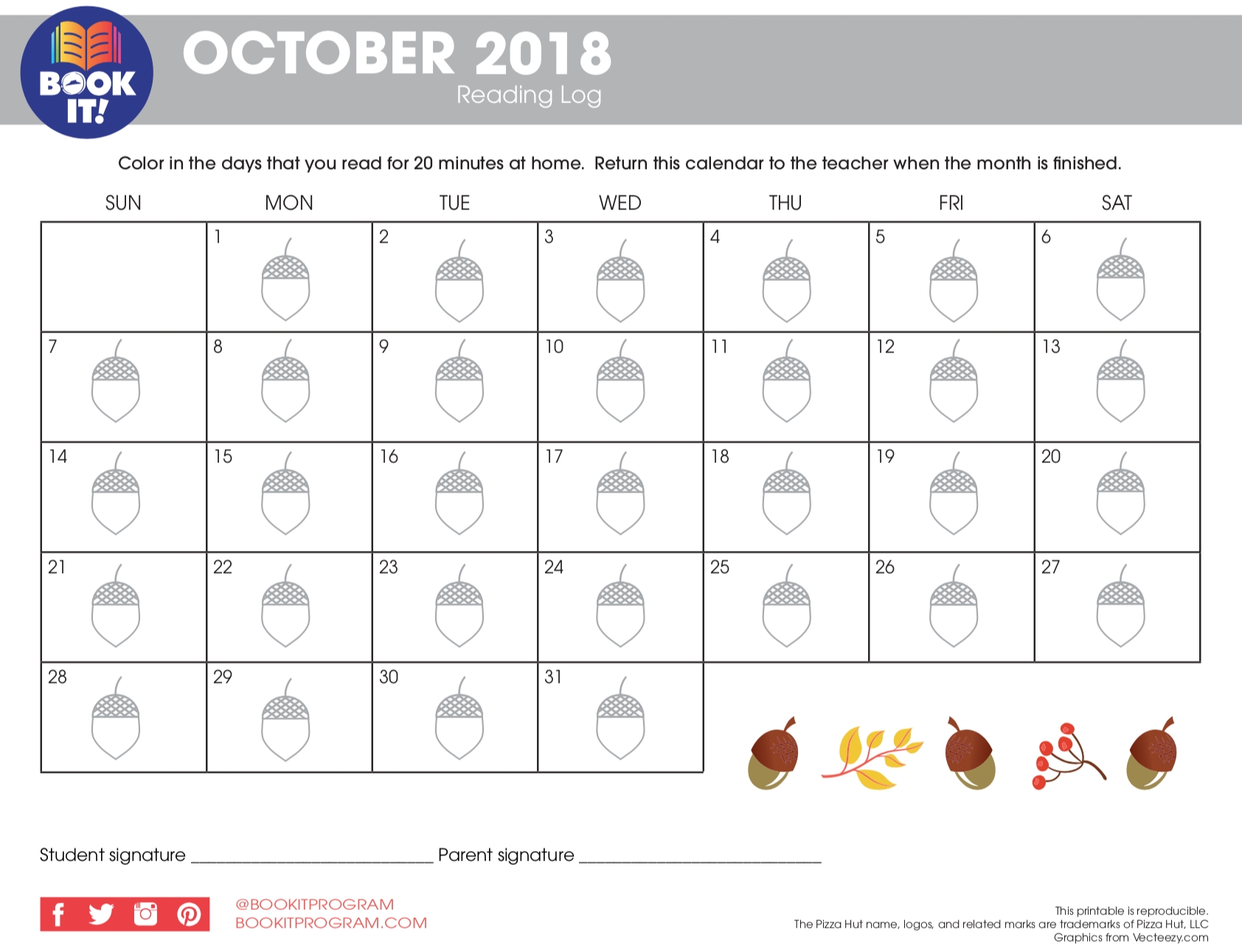 All Months-Seasonal Tracking Calendar | The Pizza Hut Book It! Program with 30 Day Calendar With Circle With A Line Thru It