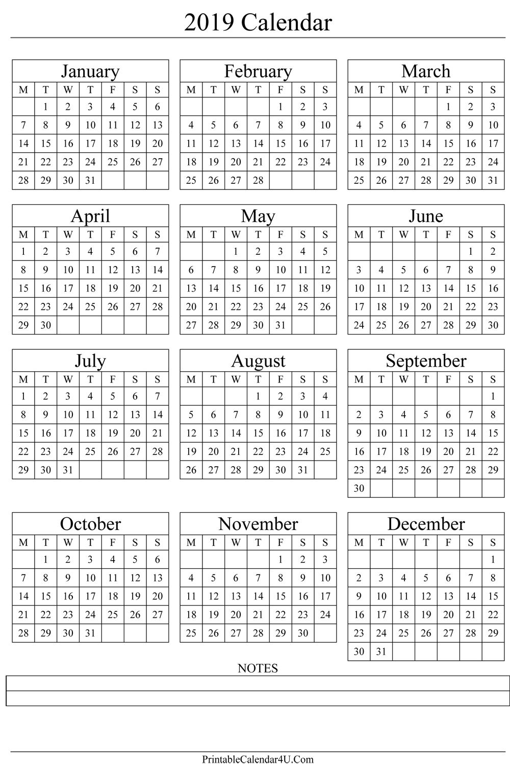 Annual Calendar 2019 Portrait Printable Calendar 2017 | Gift Ideas in Free Template Printable Calendar Numbers