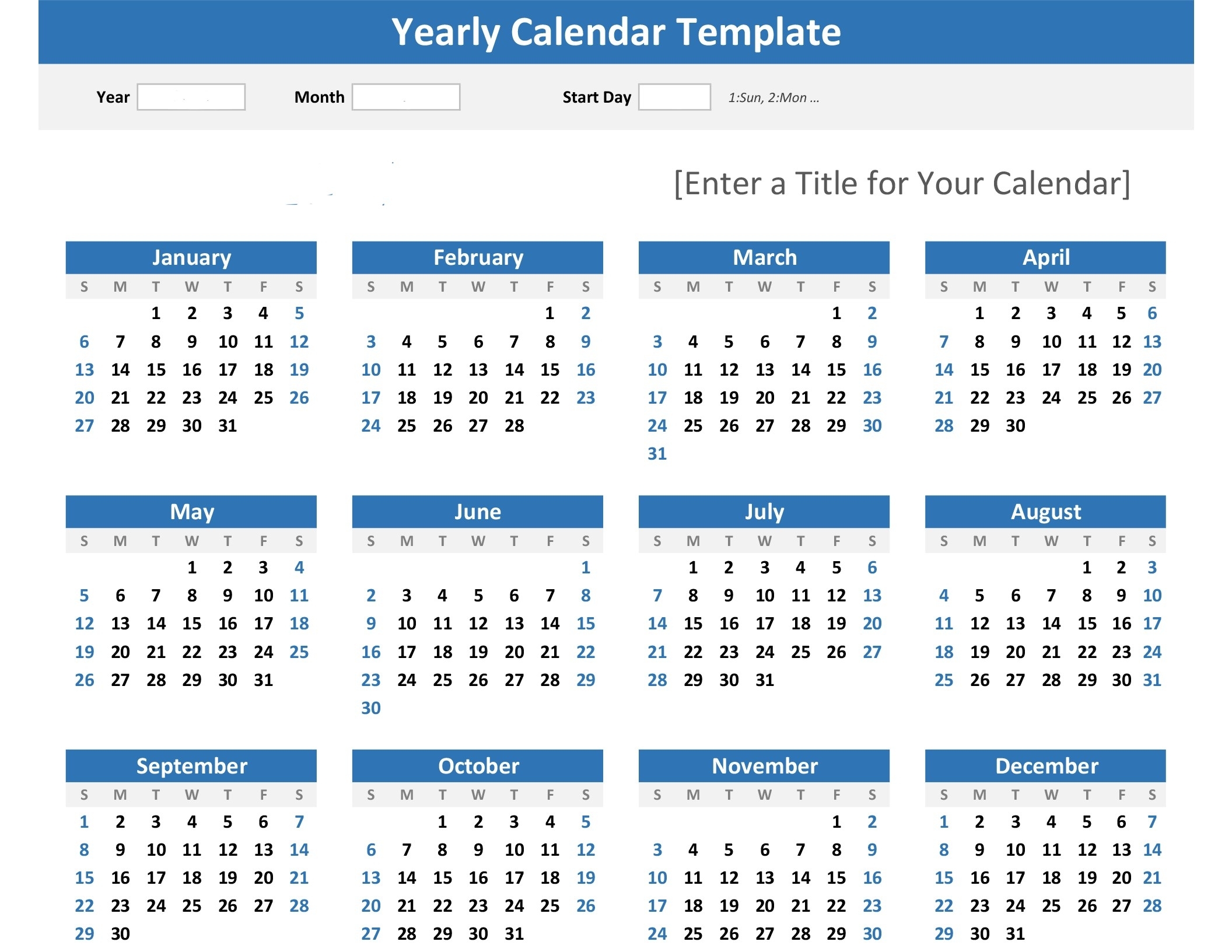 Year At A Glance Calendar Template