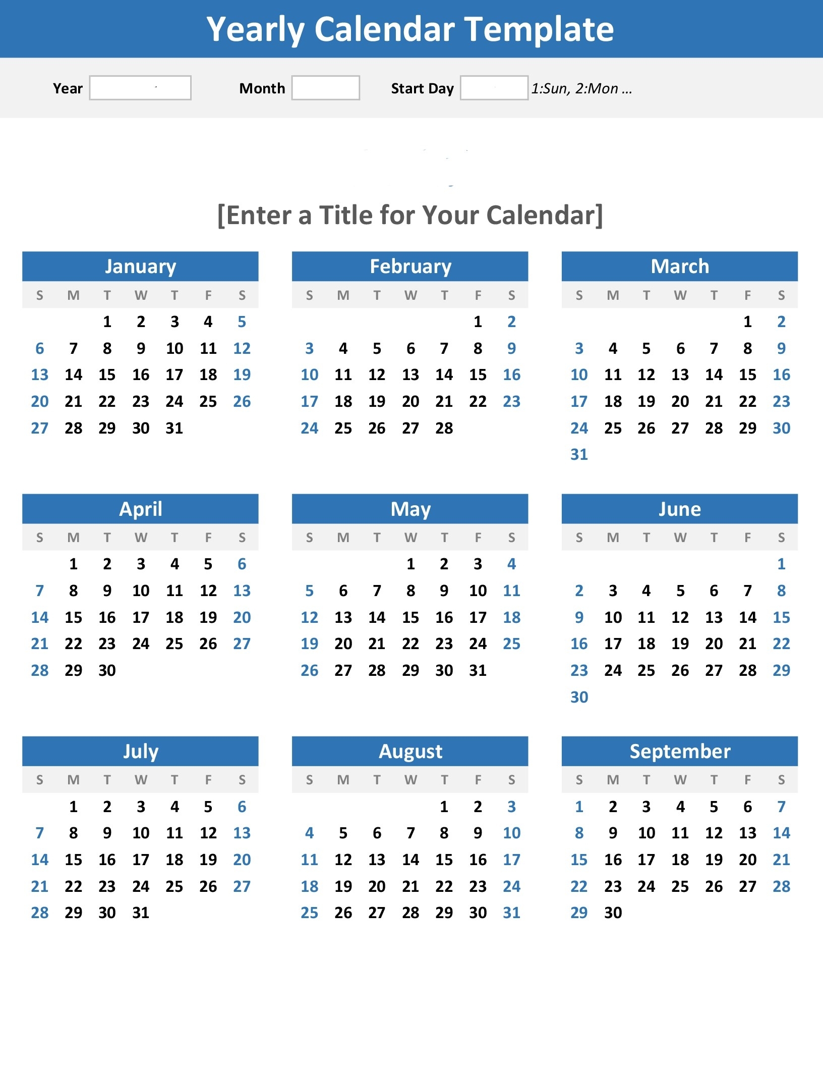 Any Year At A Glance Calendar (Portrait) for Calendar Year At A Glance