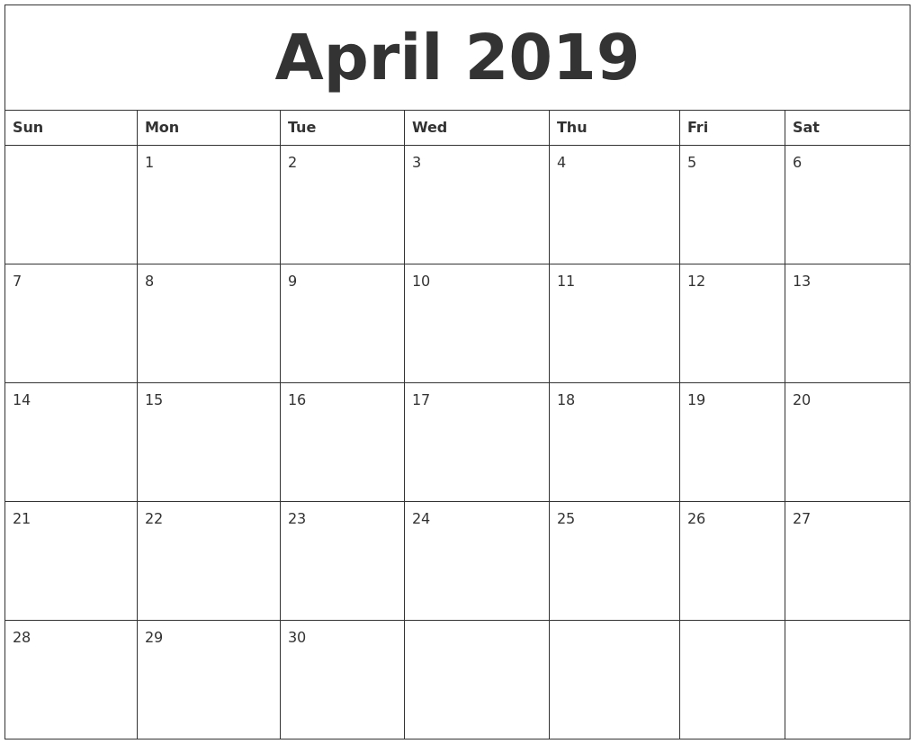 April 2019 Free Monthly Calendar Template within Free Blank Printable Monthly Calendar