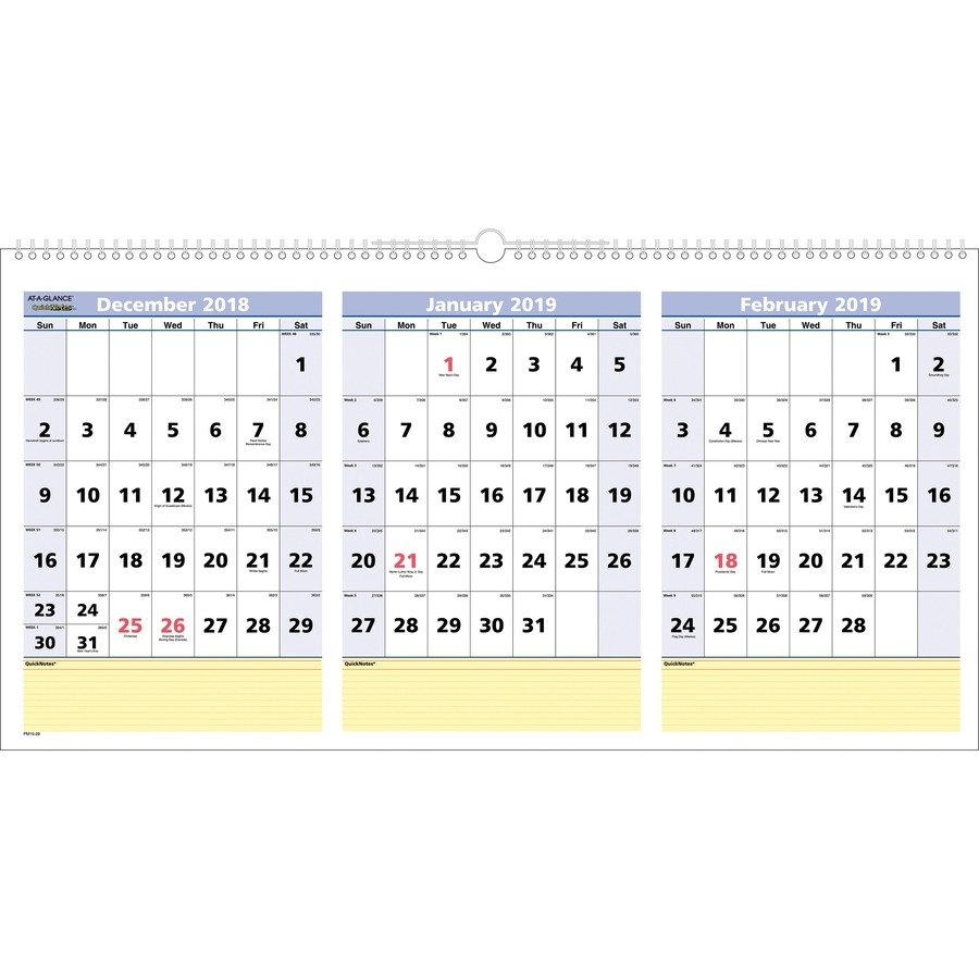 At-A-Glance Quicknotes 3-Month Horizontal Wall Calendar - Yes inside Three Month Single Page Calendar