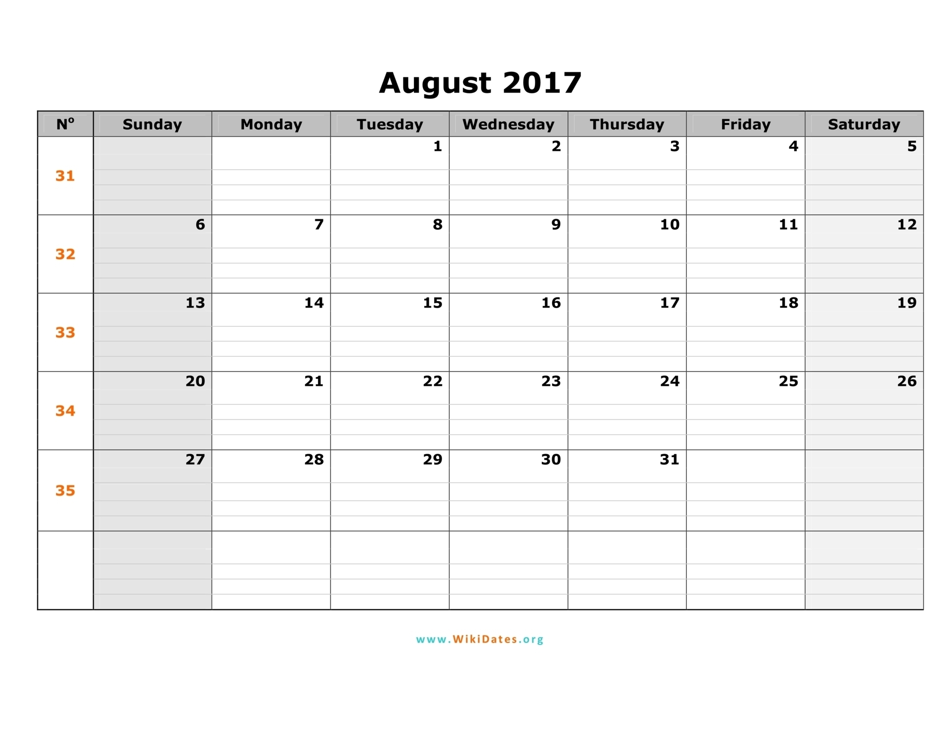 August 2017 Calendar | Wikidates in Month Of August Calendar With Lines