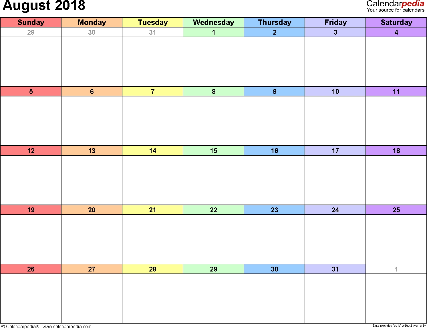 August 2018 Calendars For Word, Excel &amp; Pdf throughout August Printable Images To Color