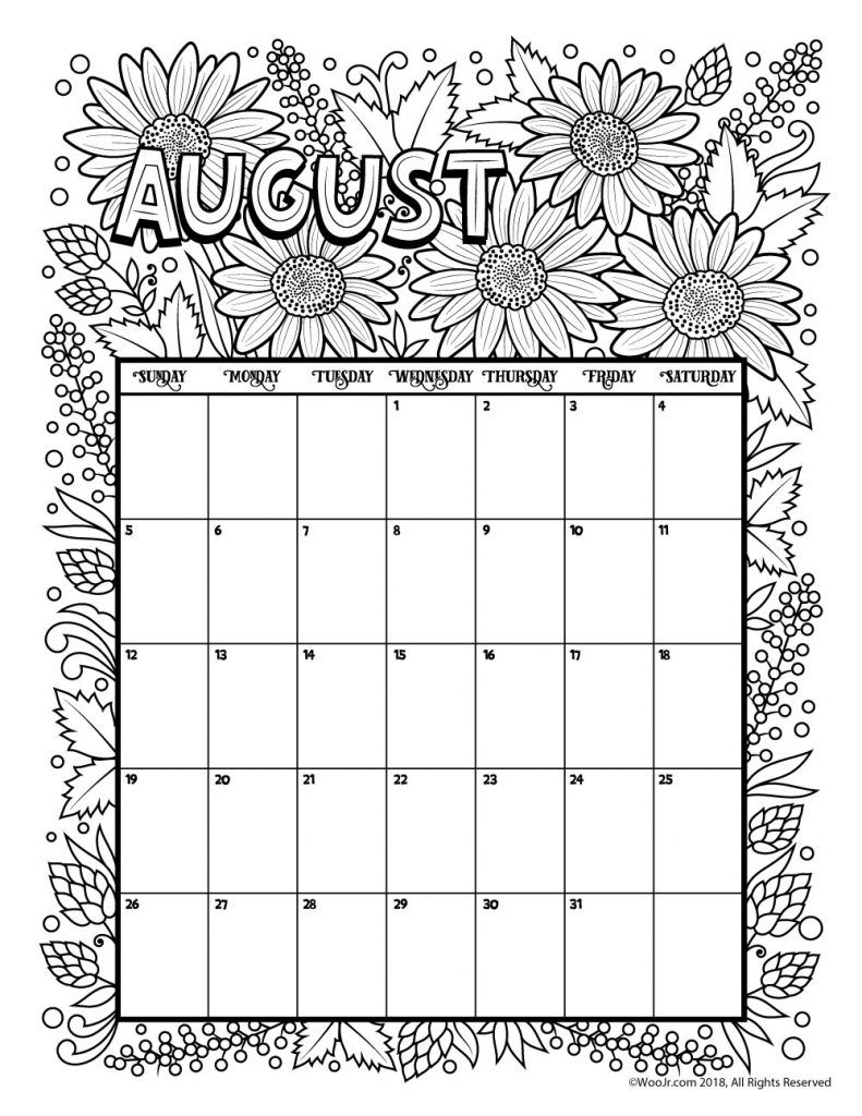 August 2018 Coloring Calendar Page | Coloring Pages | May Calendar inside August Printable Images To Color