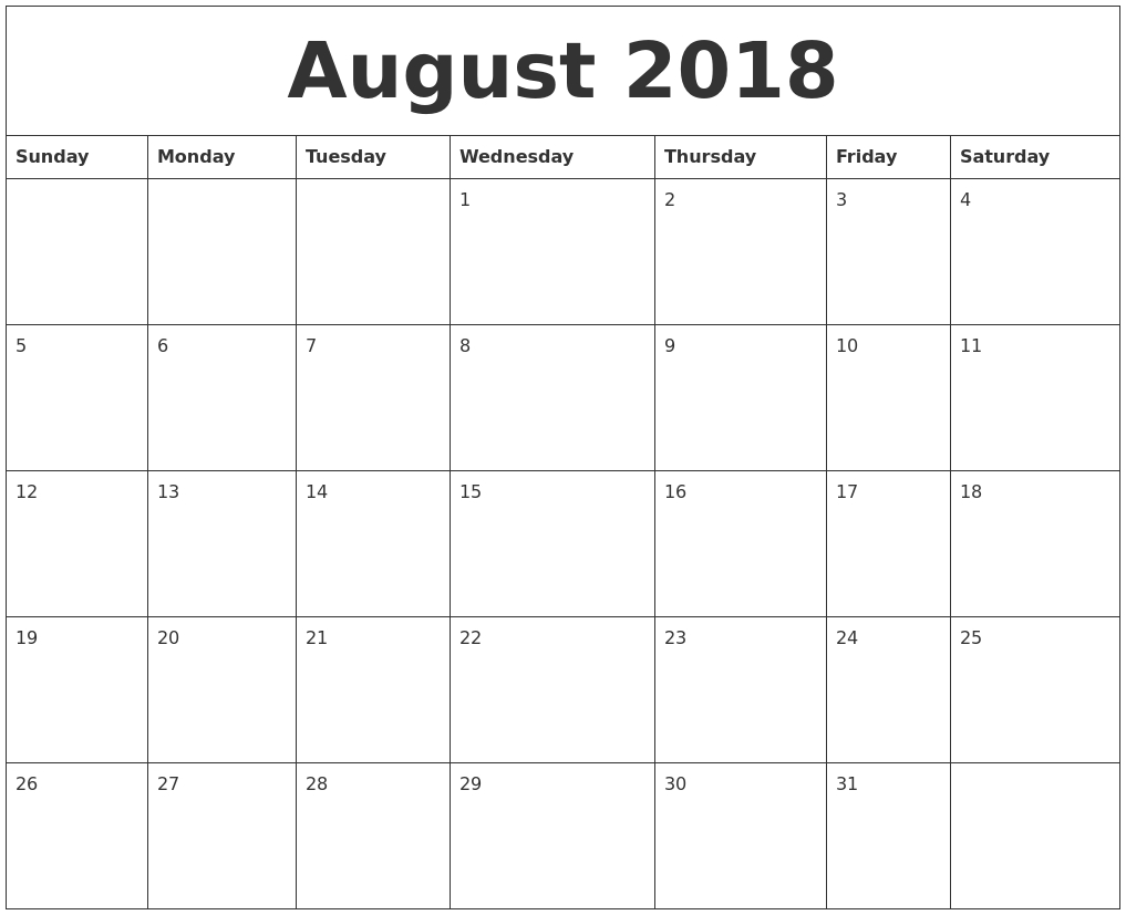 August 2018 Printable December Calendar in Calander From August - December