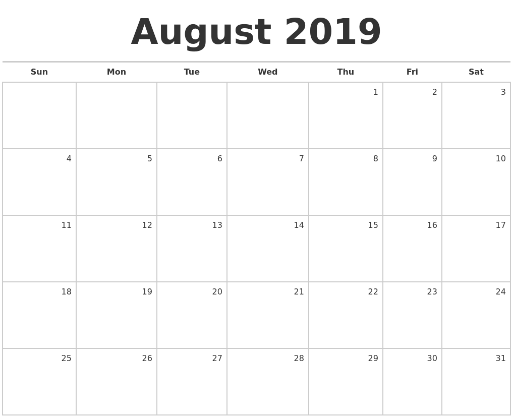 August 2019 Blank Monthly Calendar inside Blank Monthly Calendar With Lines