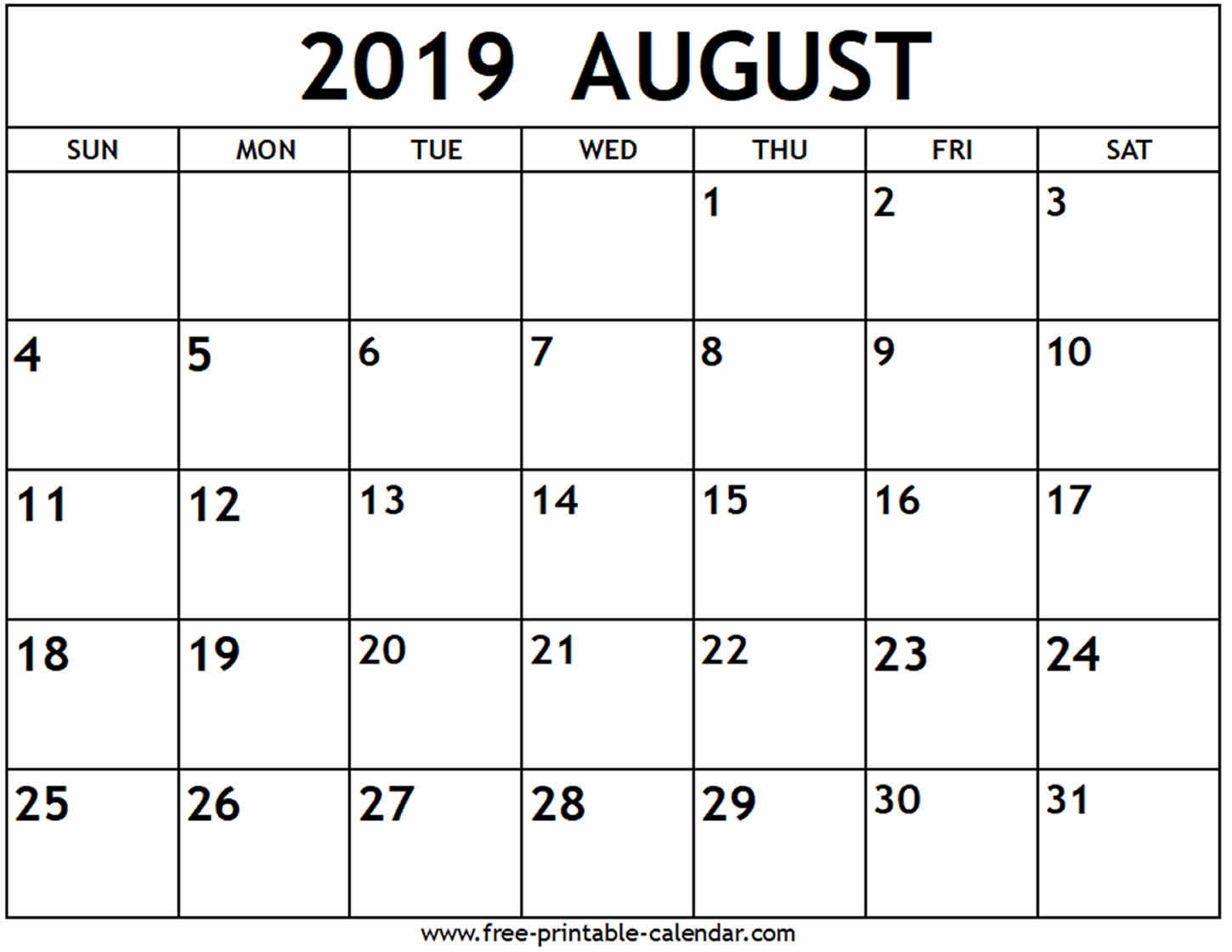 August 2019 Calendar - Free-Printable-Calendar throughout Numbers Free Printable Calendar For August