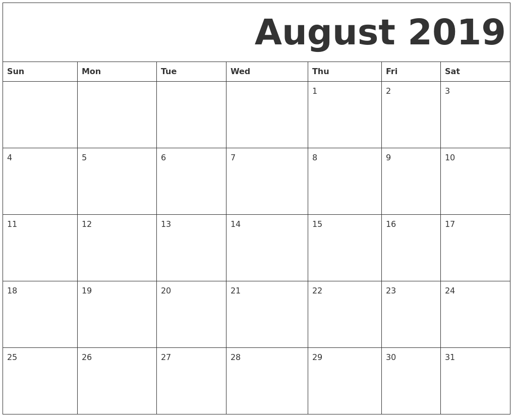 August 2019 Free Printable Calendar for Numbers Free Printable Calendar For August