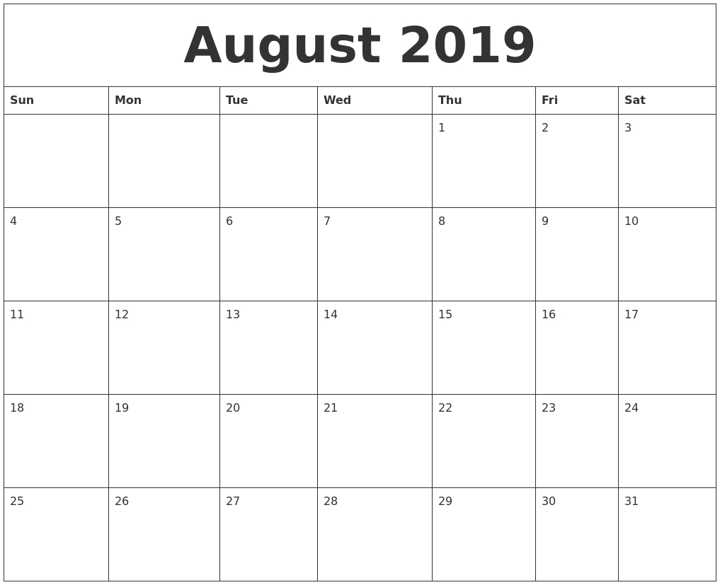 August 2019 Monthly Printable Calendar pertaining to Blank Calendar For A Month